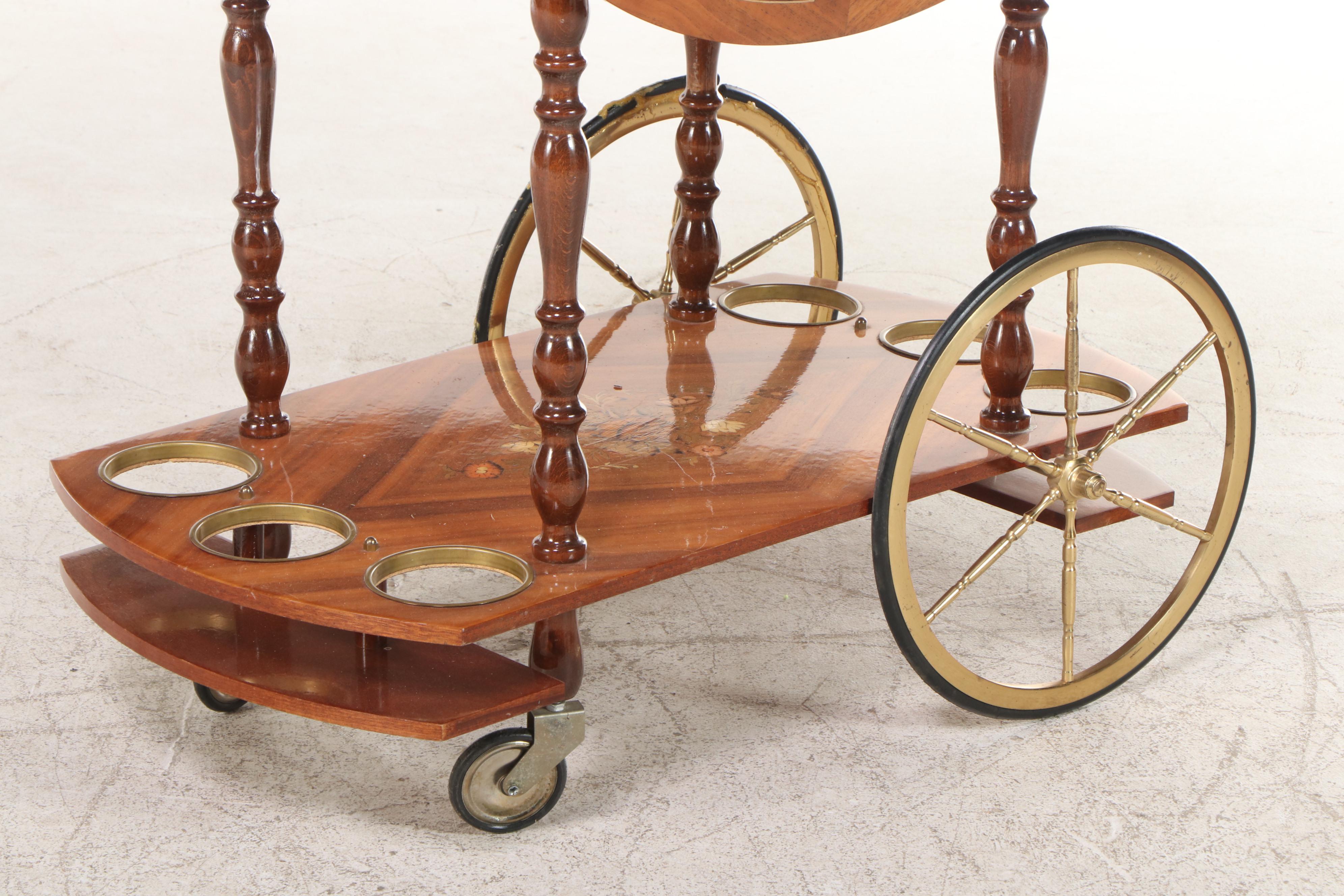 Italian Inlaid Walnut Serving Cart, Mid-20th Century