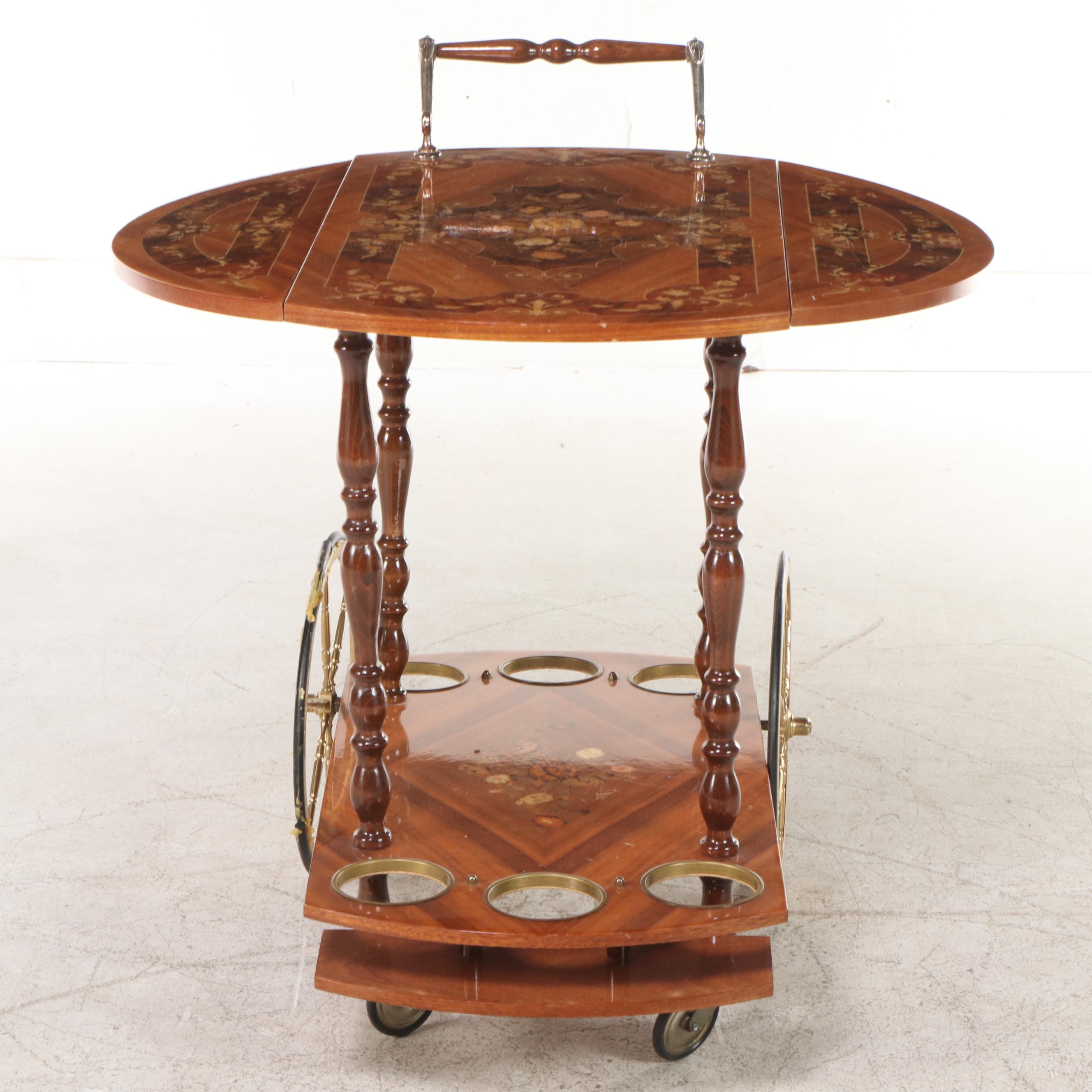 Italian Inlaid Walnut Serving Cart, Mid-20th Century