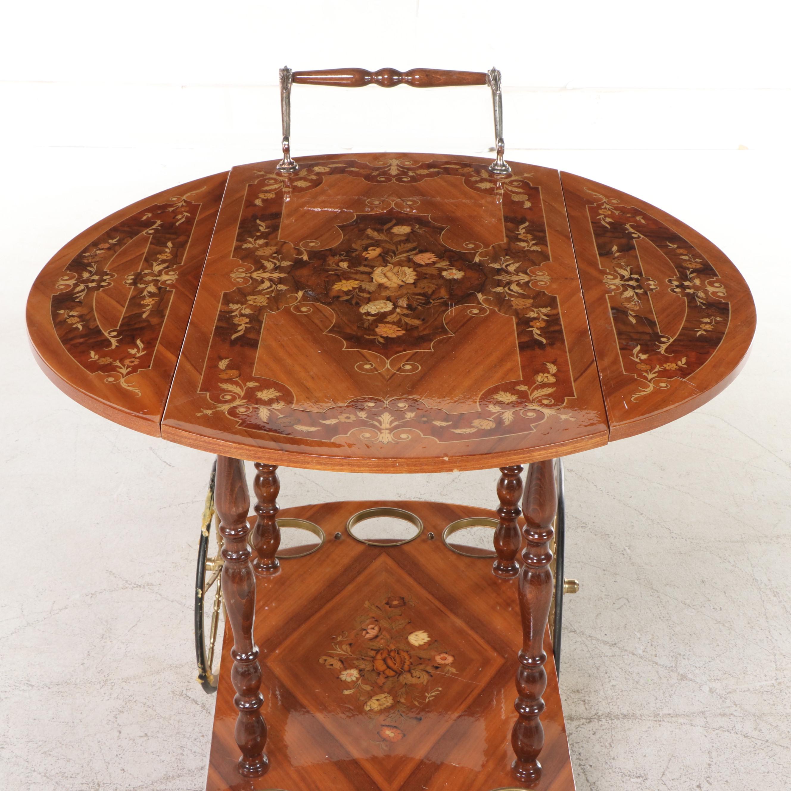 Italian Inlaid Walnut Serving Cart, Mid-20th Century