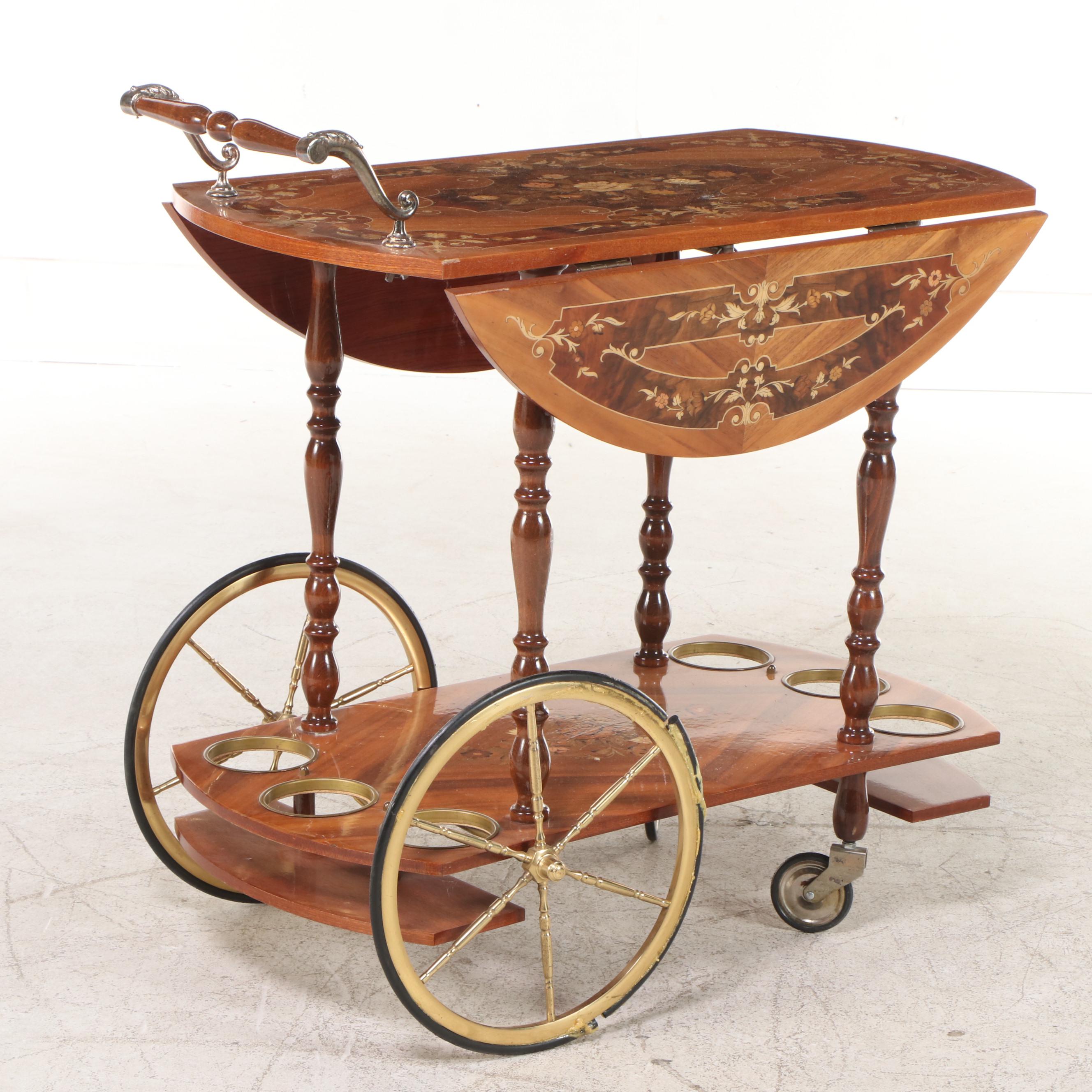 Italian Inlaid Walnut Serving Cart, Mid-20th Century