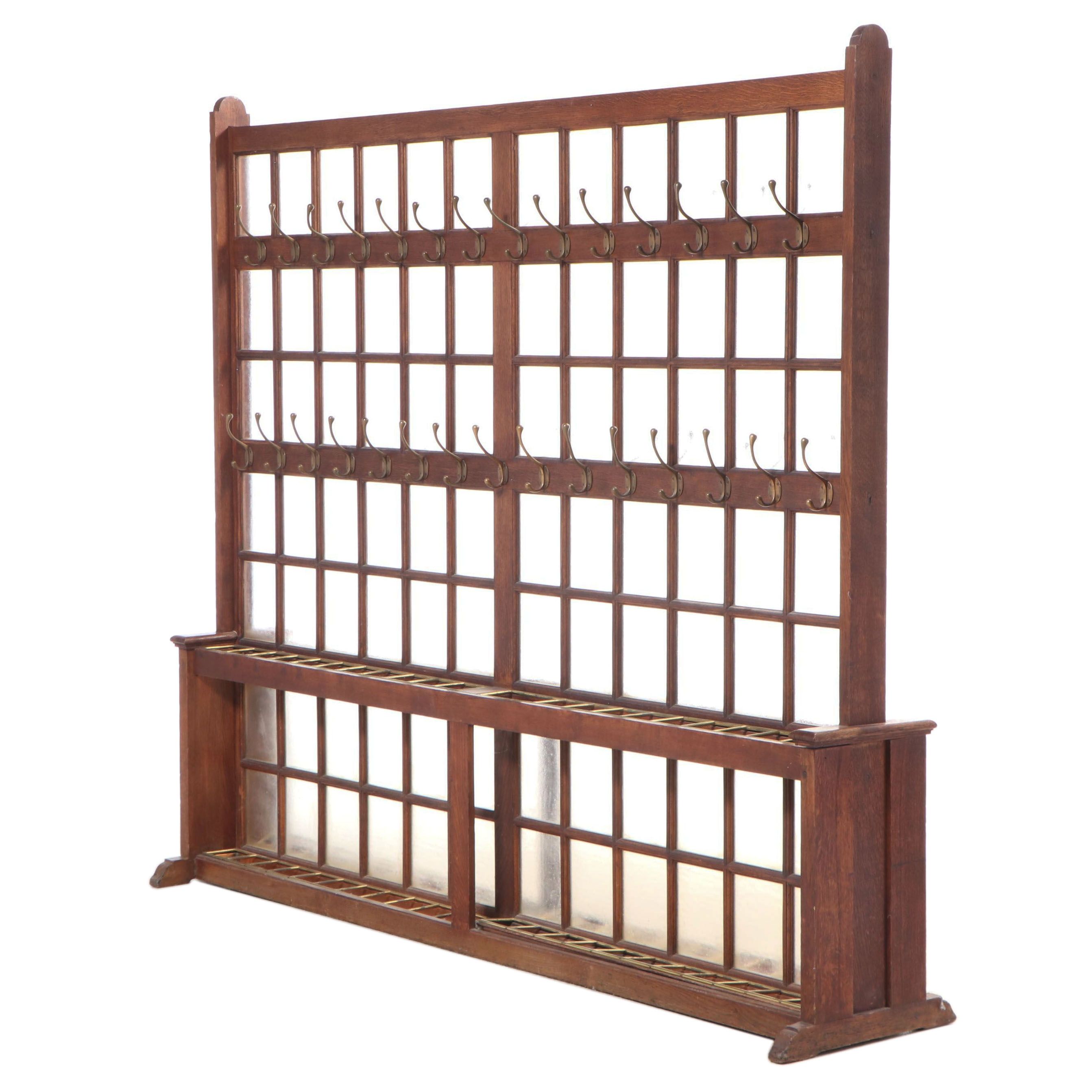English Double-Sided Oak and Brass Sixty-Light School or Industrial Coat Stand