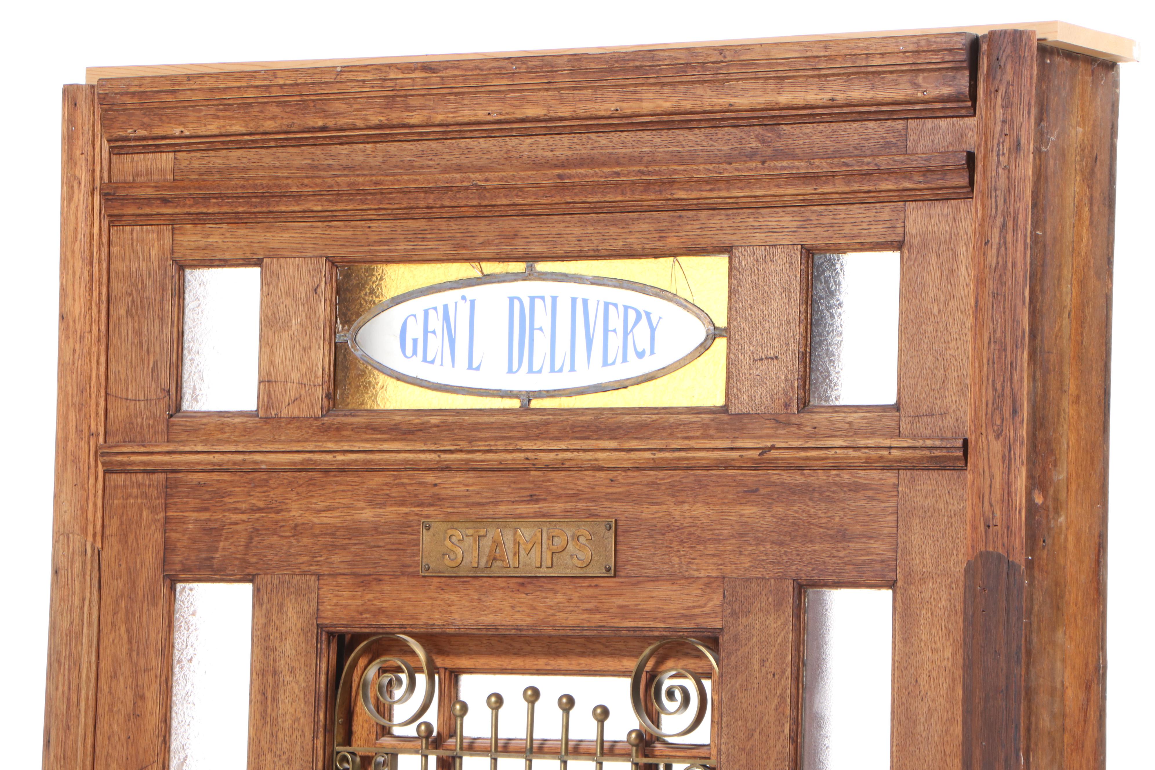 Cased Antique Oak Postal Window Facade with Mailboxes and Stained Glass