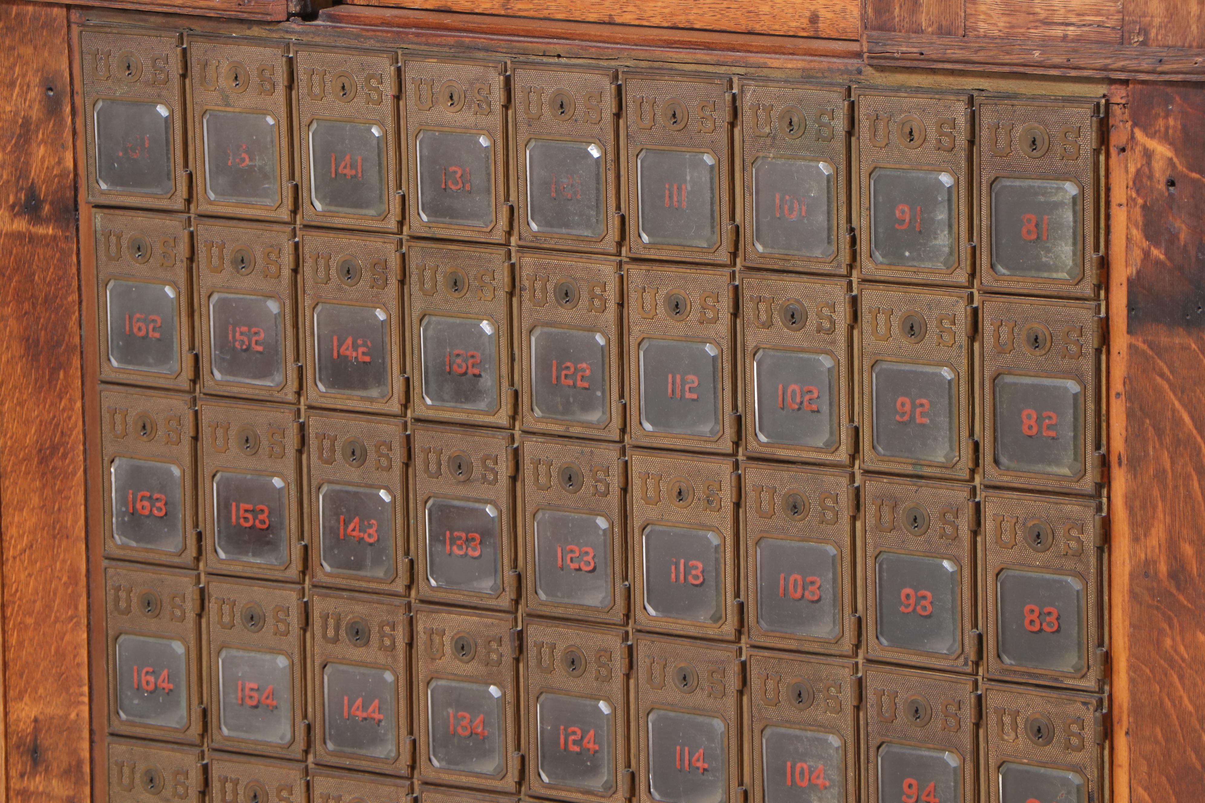Cased Antique Oak Postal Window Facade with Mailboxes and Stained Glass
