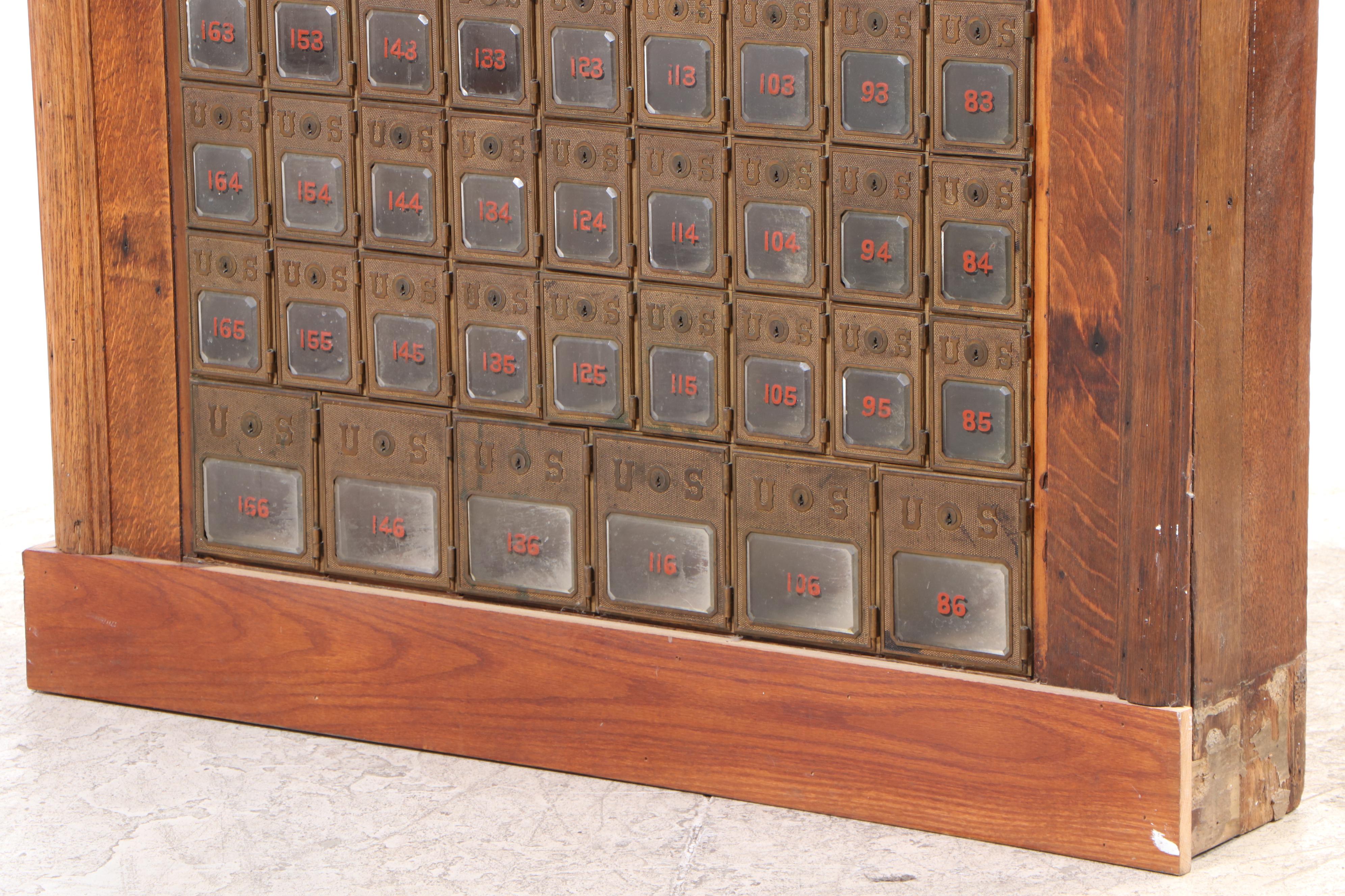 Cased Antique Oak Postal Window Facade with Mailboxes and Stained Glass