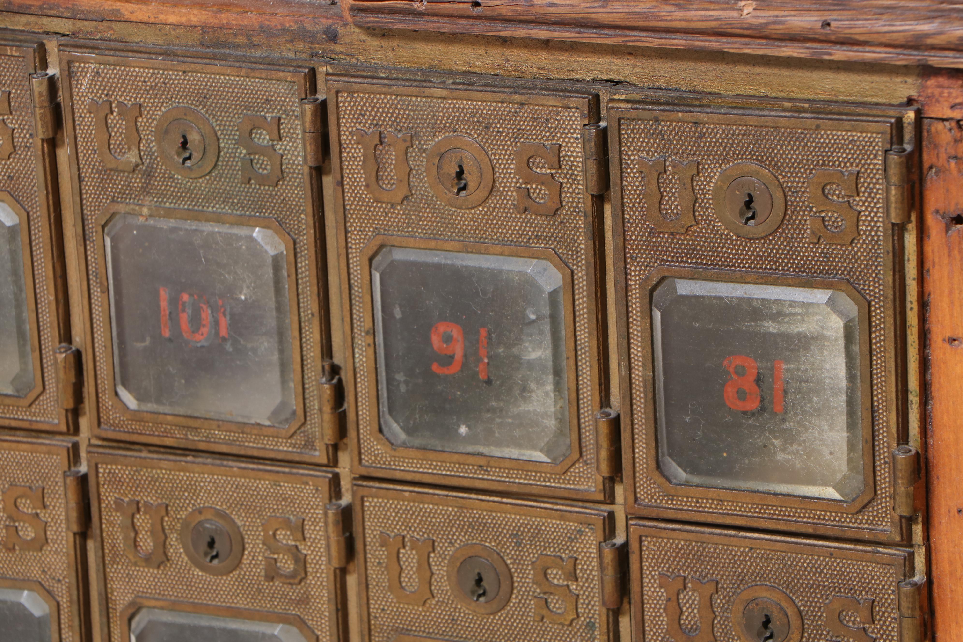 Cased Antique Oak Postal Window Facade with Mailboxes and Stained Glass