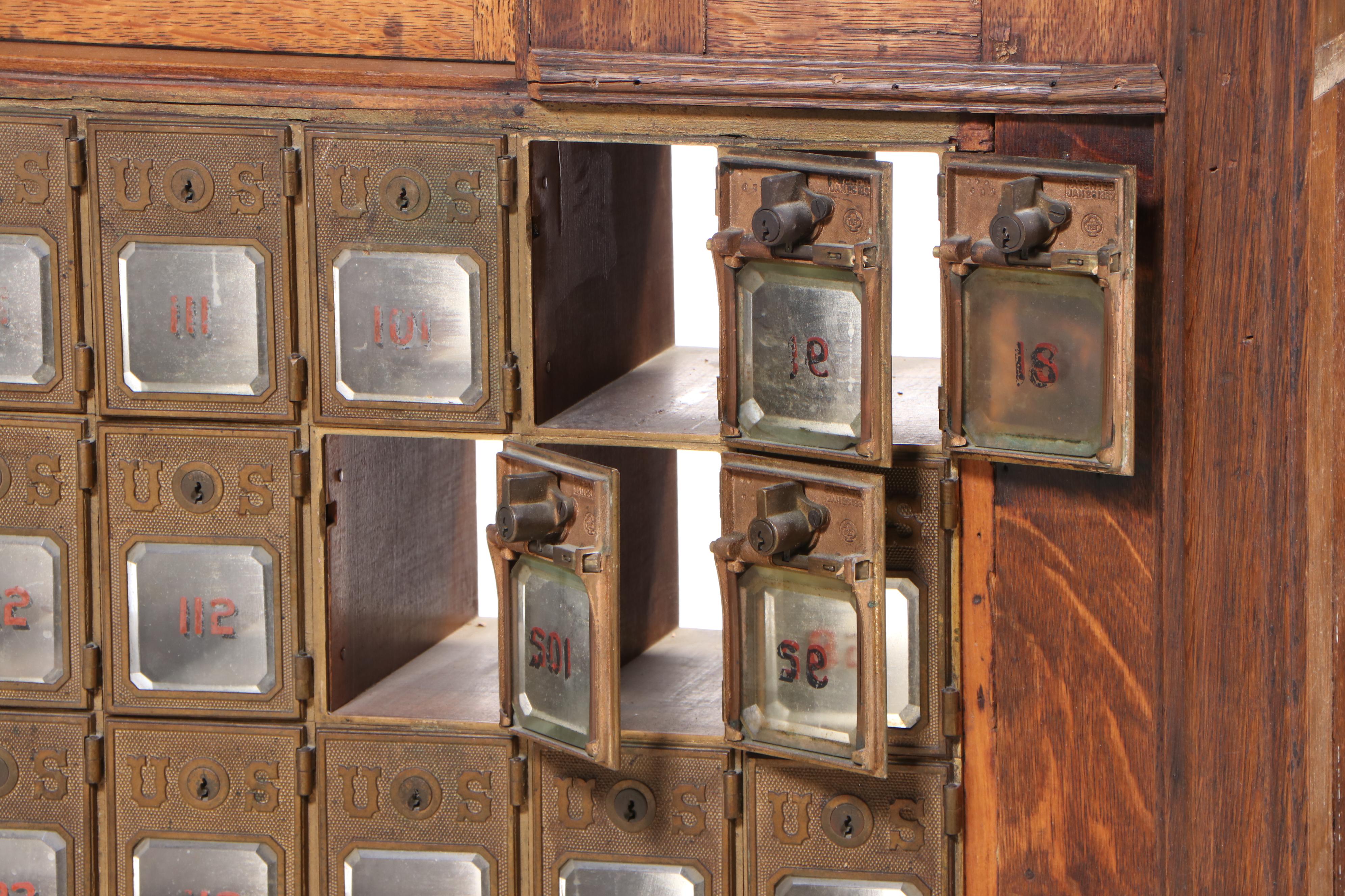 Cased Antique Oak Postal Window Facade with Mailboxes and Stained Glass
