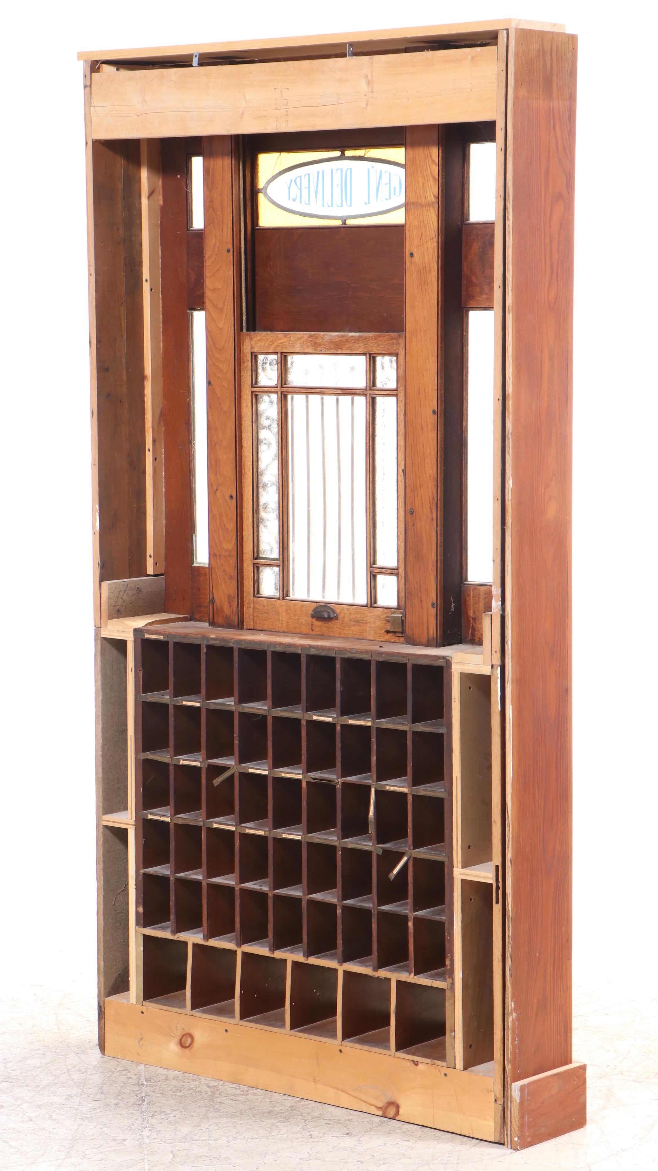 Cased Antique Oak Postal Window Facade with Mailboxes and Stained Glass