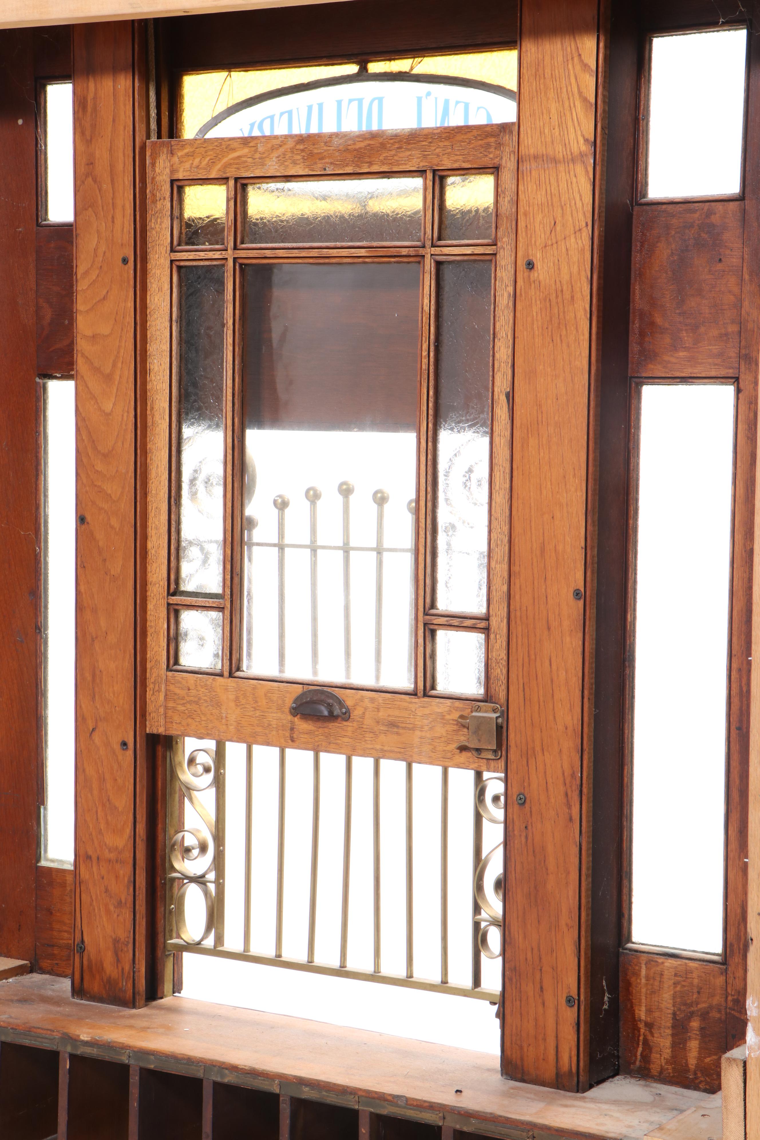 Cased Antique Oak Postal Window Facade with Mailboxes and Stained Glass