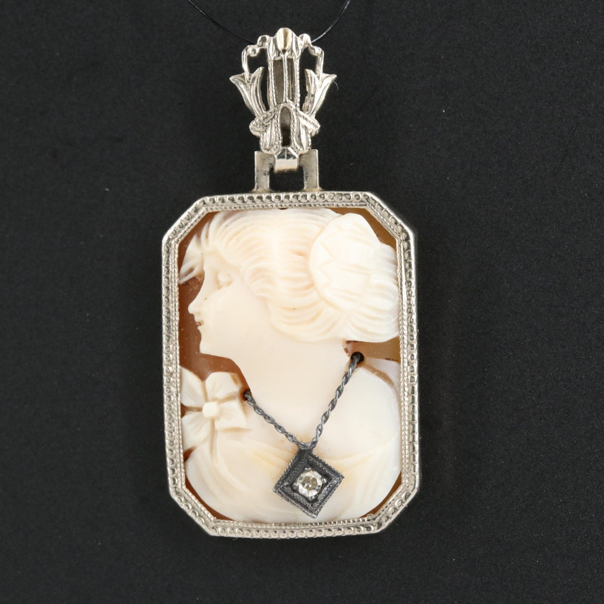 Vintage 14K 0.02 CT Diamond and Shell Cameo Habillé Pendant