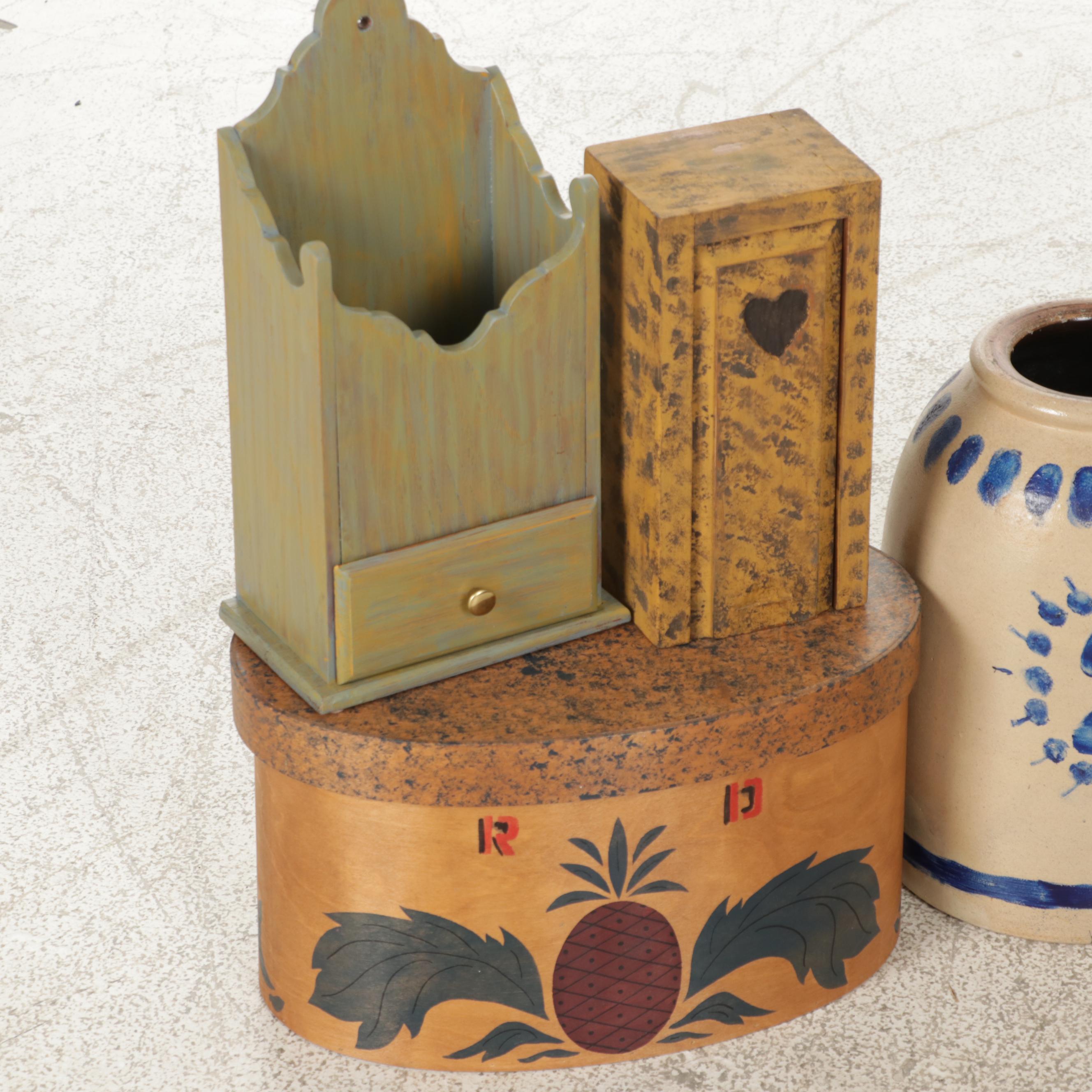 Stenciled Shaker Pantry Box with Salt Glazed Crocks and Candle Boxes