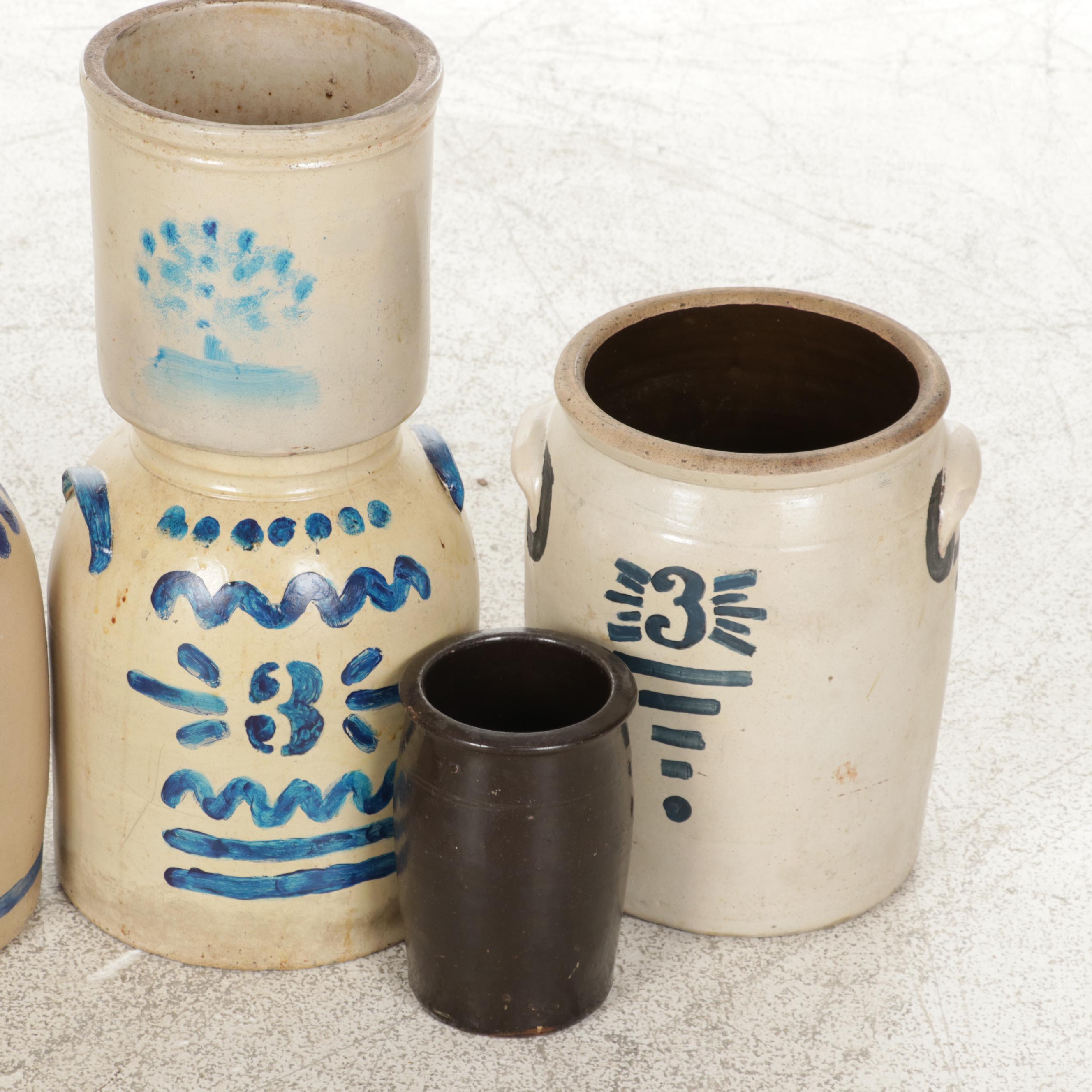 Stenciled Shaker Pantry Box with Salt Glazed Crocks and Candle Boxes