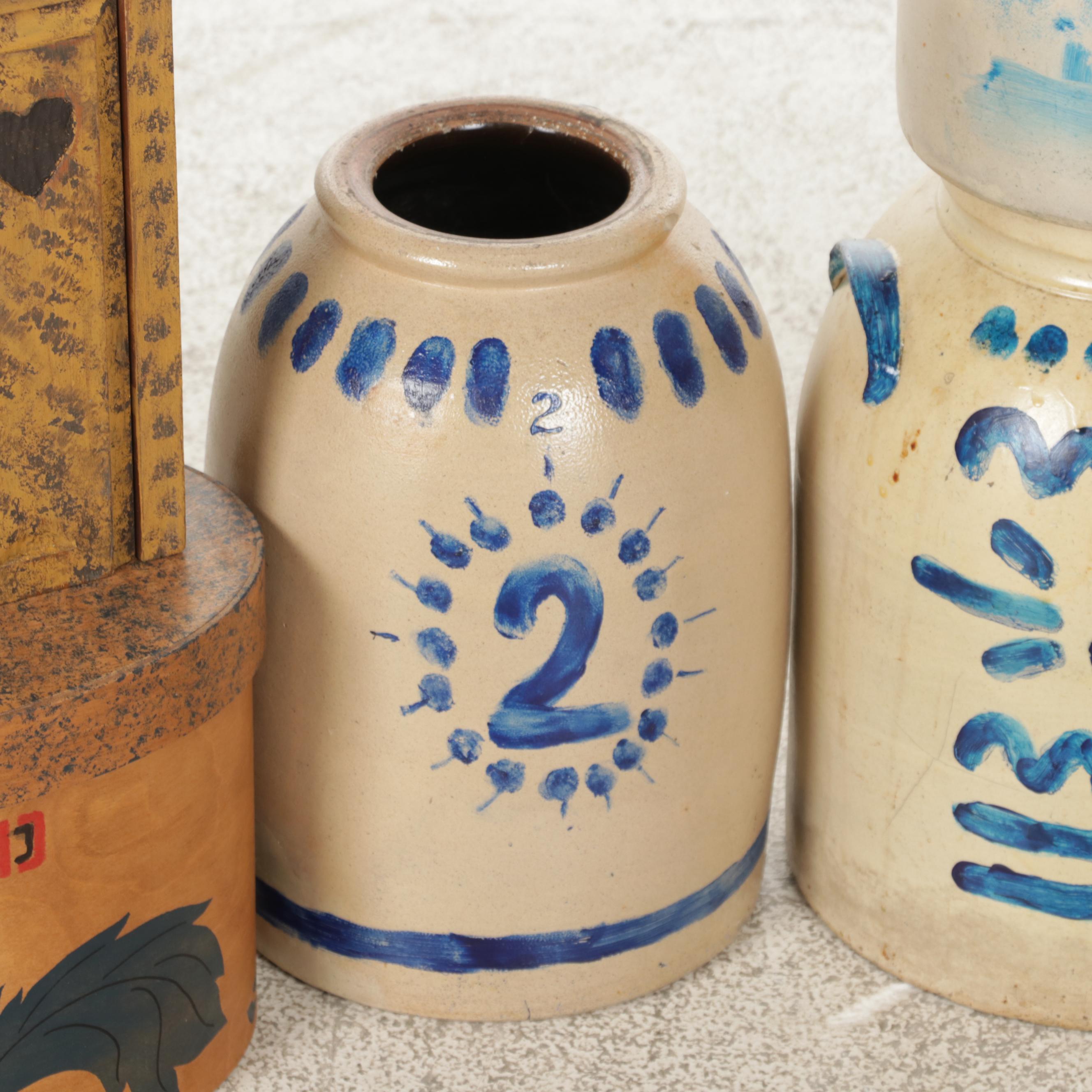 Stenciled Shaker Pantry Box with Salt Glazed Crocks and Candle Boxes