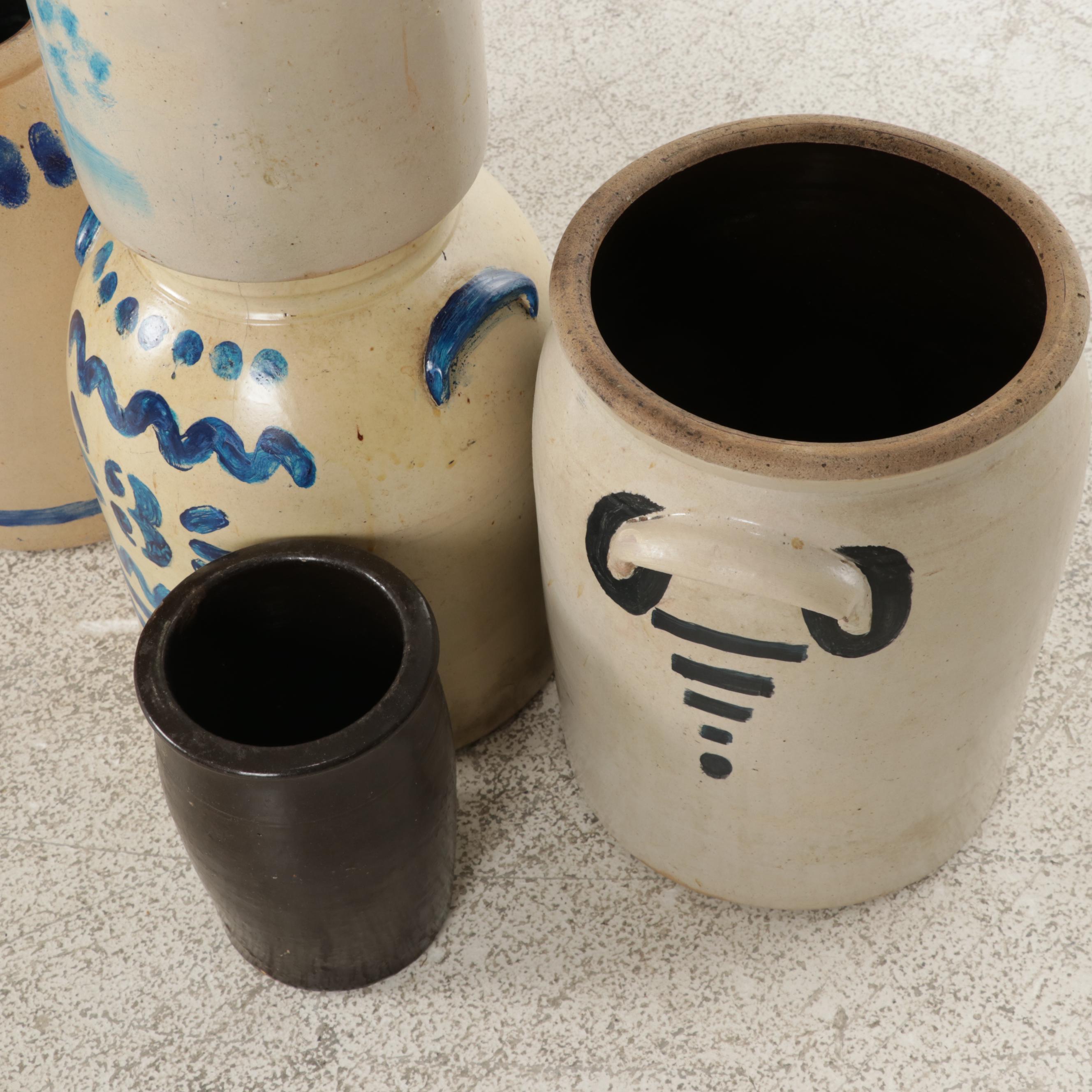 Stenciled Shaker Pantry Box with Salt Glazed Crocks and Candle Boxes