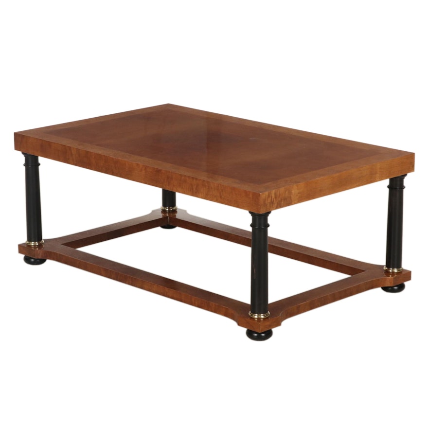 Baker Neoclassical Style Fruitwood, Burl and Parcel Ebonized Coffee Table