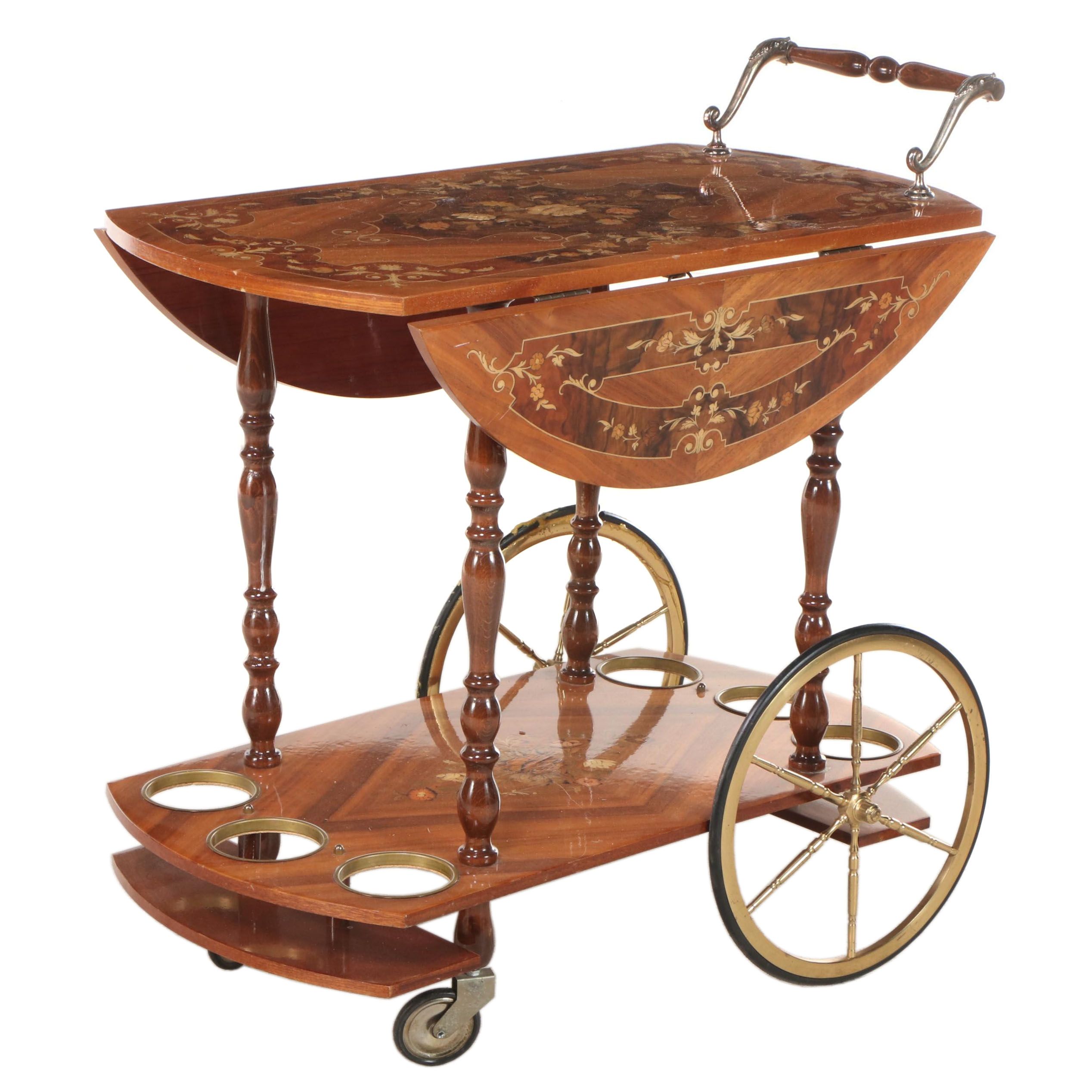 Italian Inlaid Walnut Serving Cart, Mid-20th Century