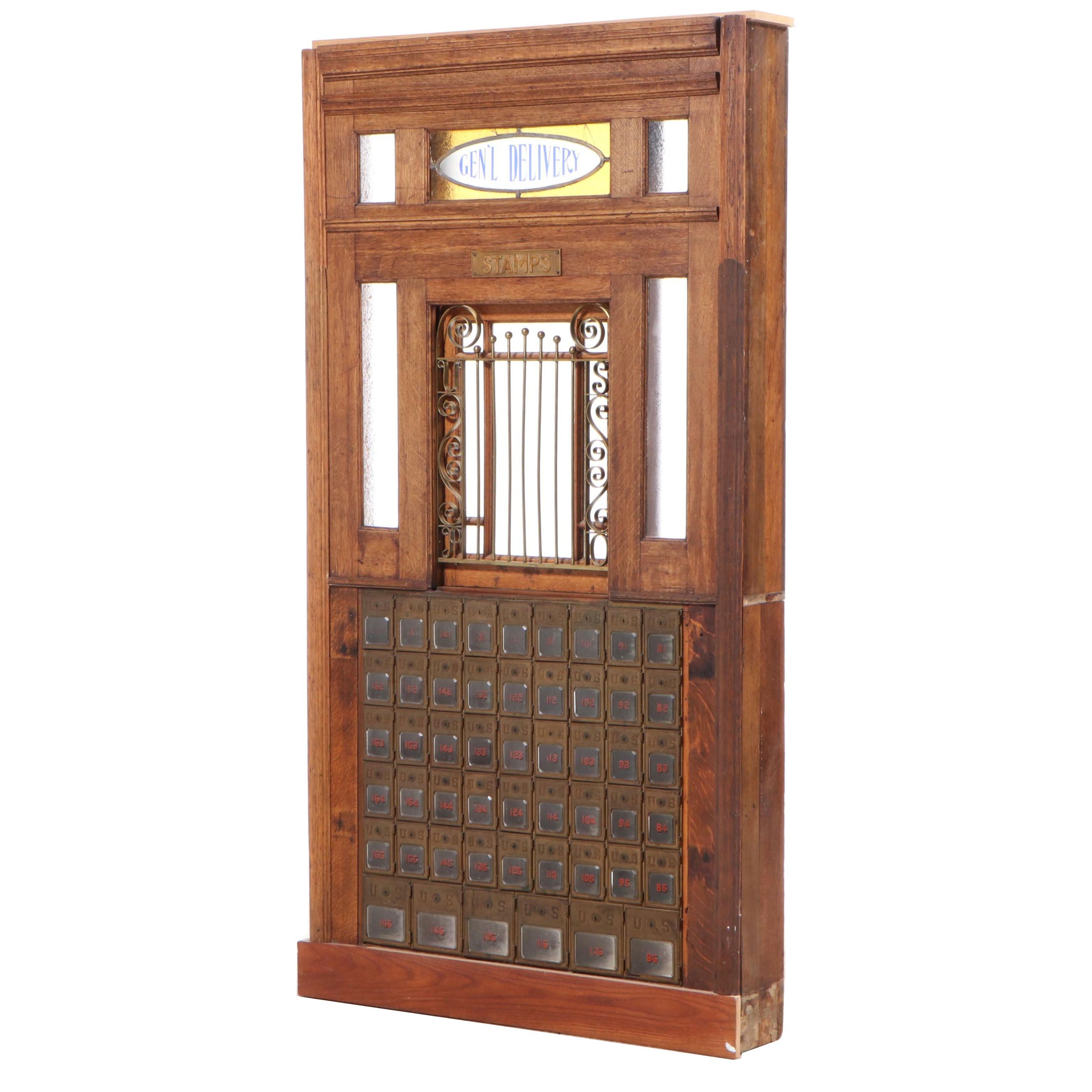 Cased Antique Oak Postal Window Facade with Mailboxes and Stained Glass