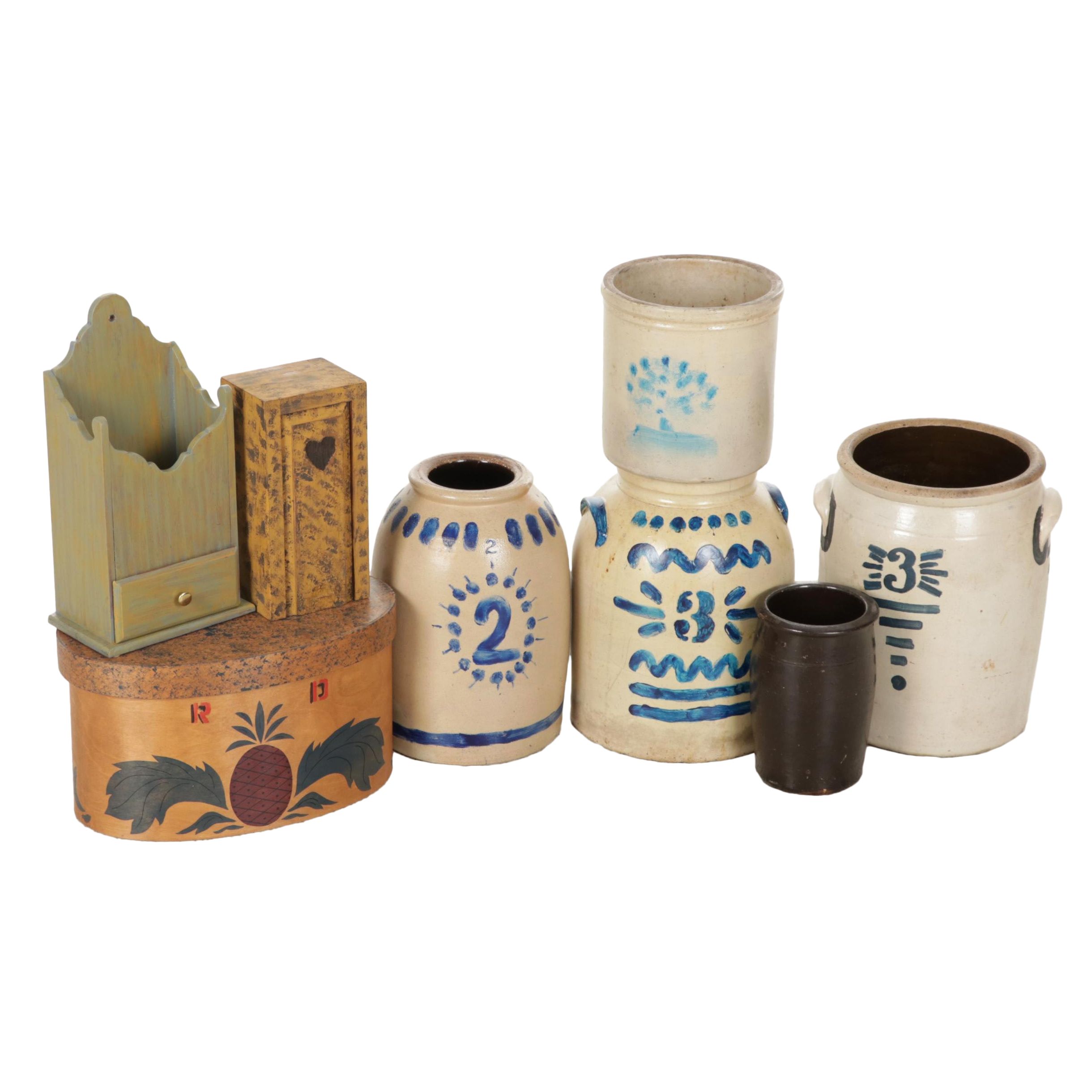 Stenciled Shaker Pantry Box with Salt Glazed Crocks and Candle Boxes