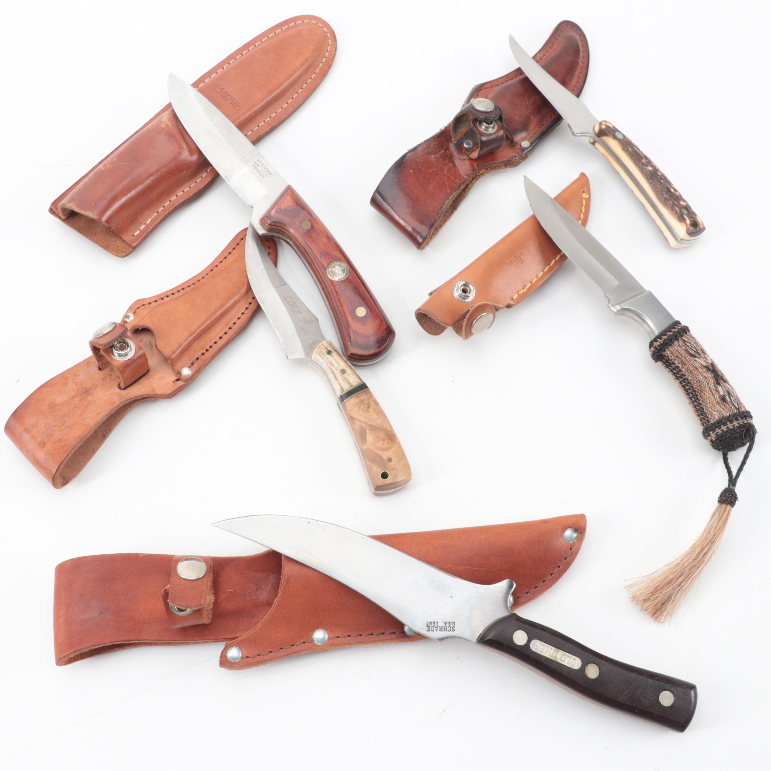 Western, Fury, Schrade and Other Fixed Blade Knives with Leather Scabbards