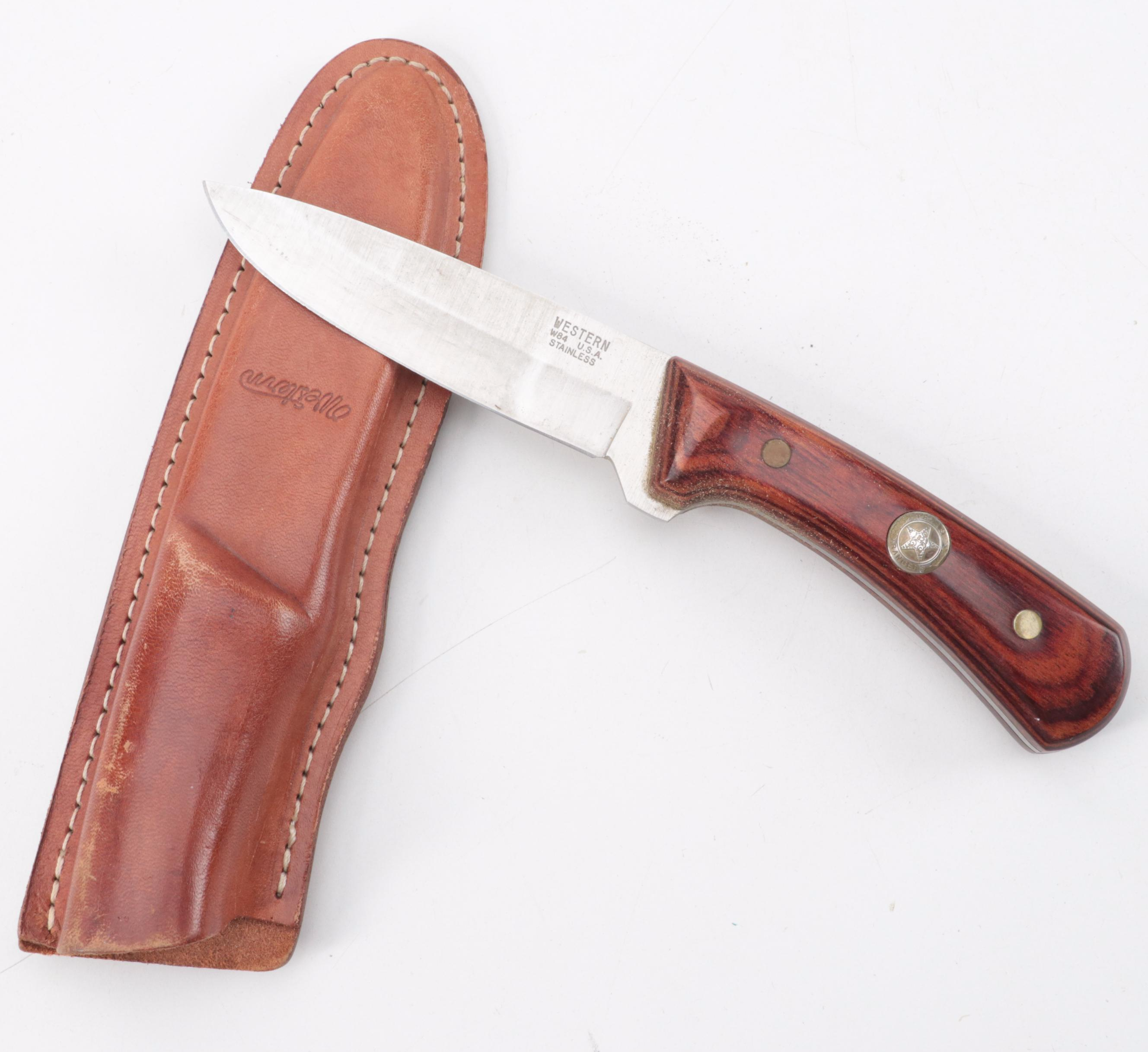 Western, Fury, Schrade and Other Fixed Blade Knives with Leather Scabbards