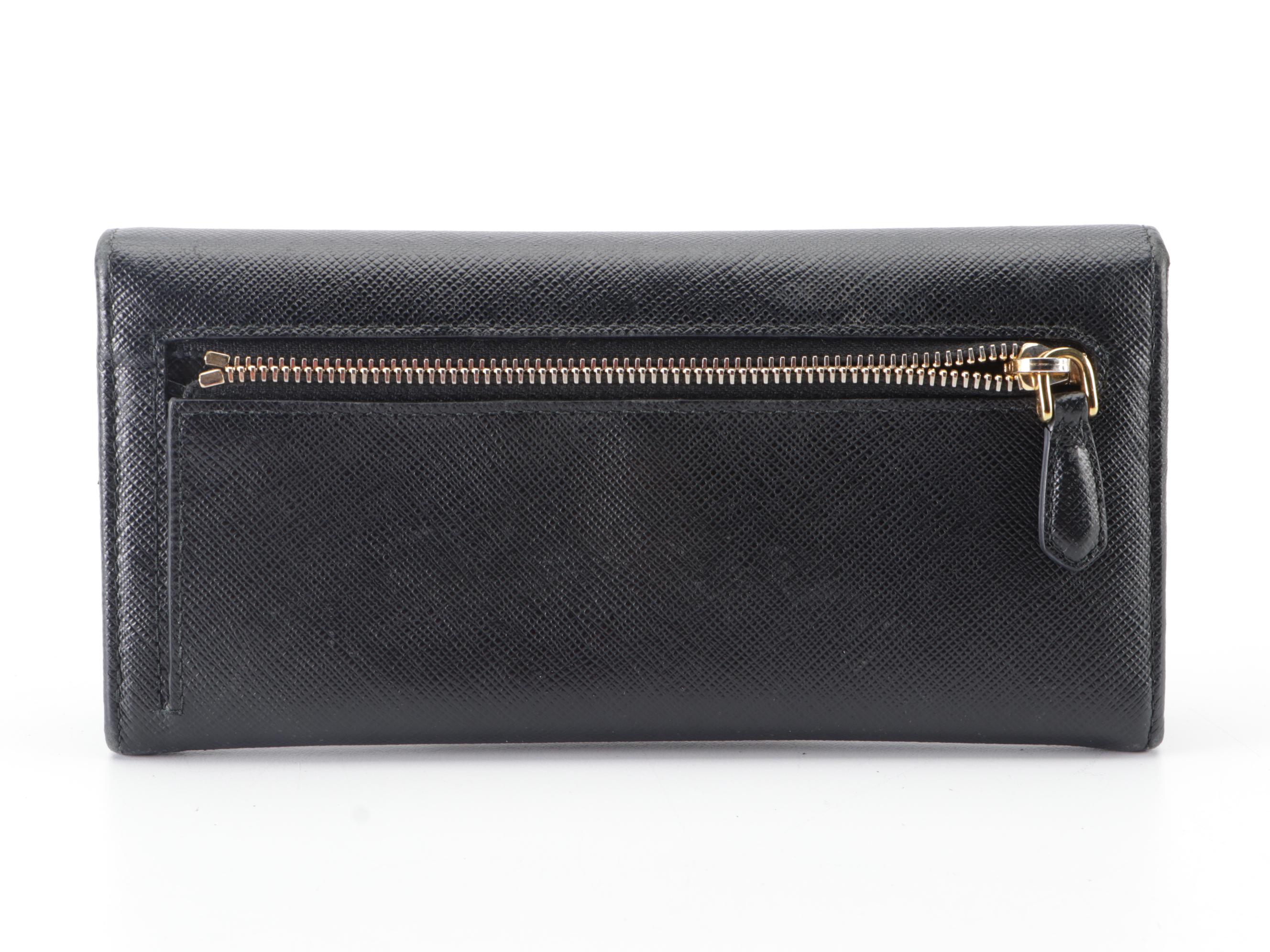 Prada Bow Continental Wallet in Black Saffiano Leather with Box