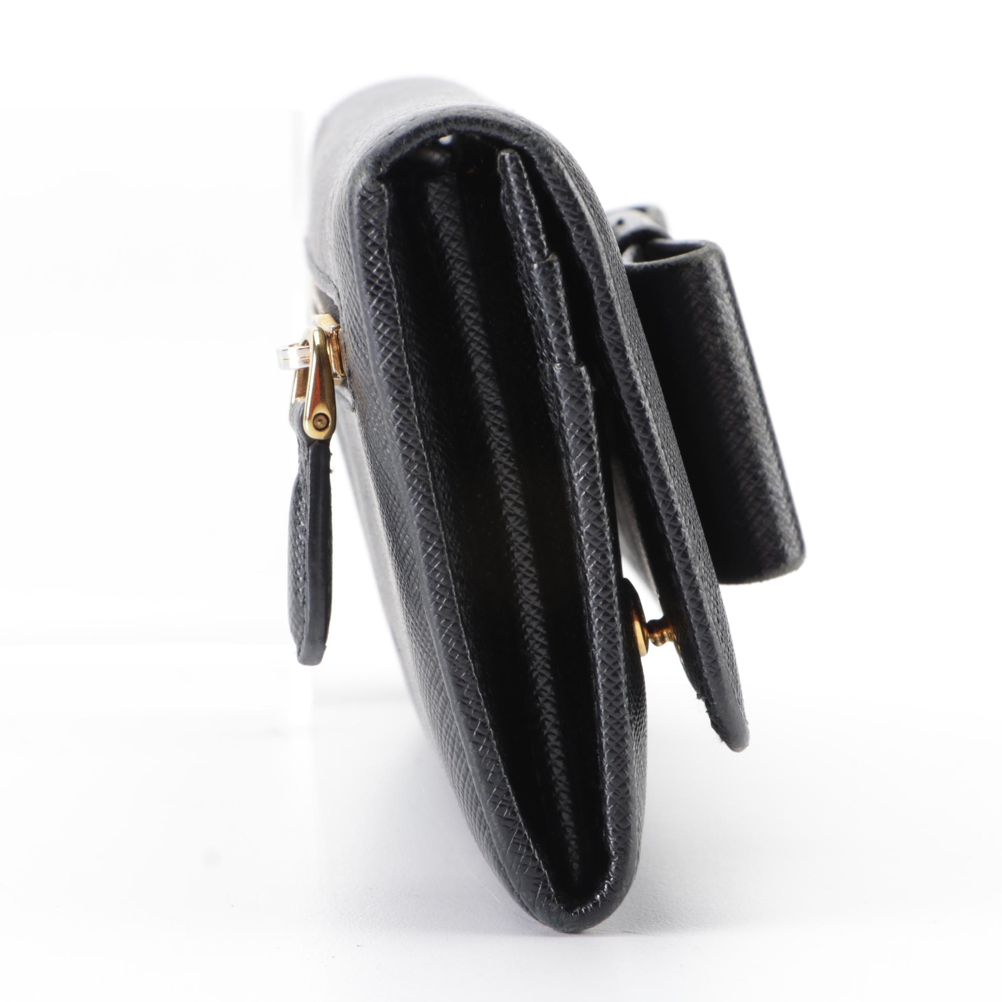 Prada Bow Continental Wallet in Black Saffiano Leather with Box