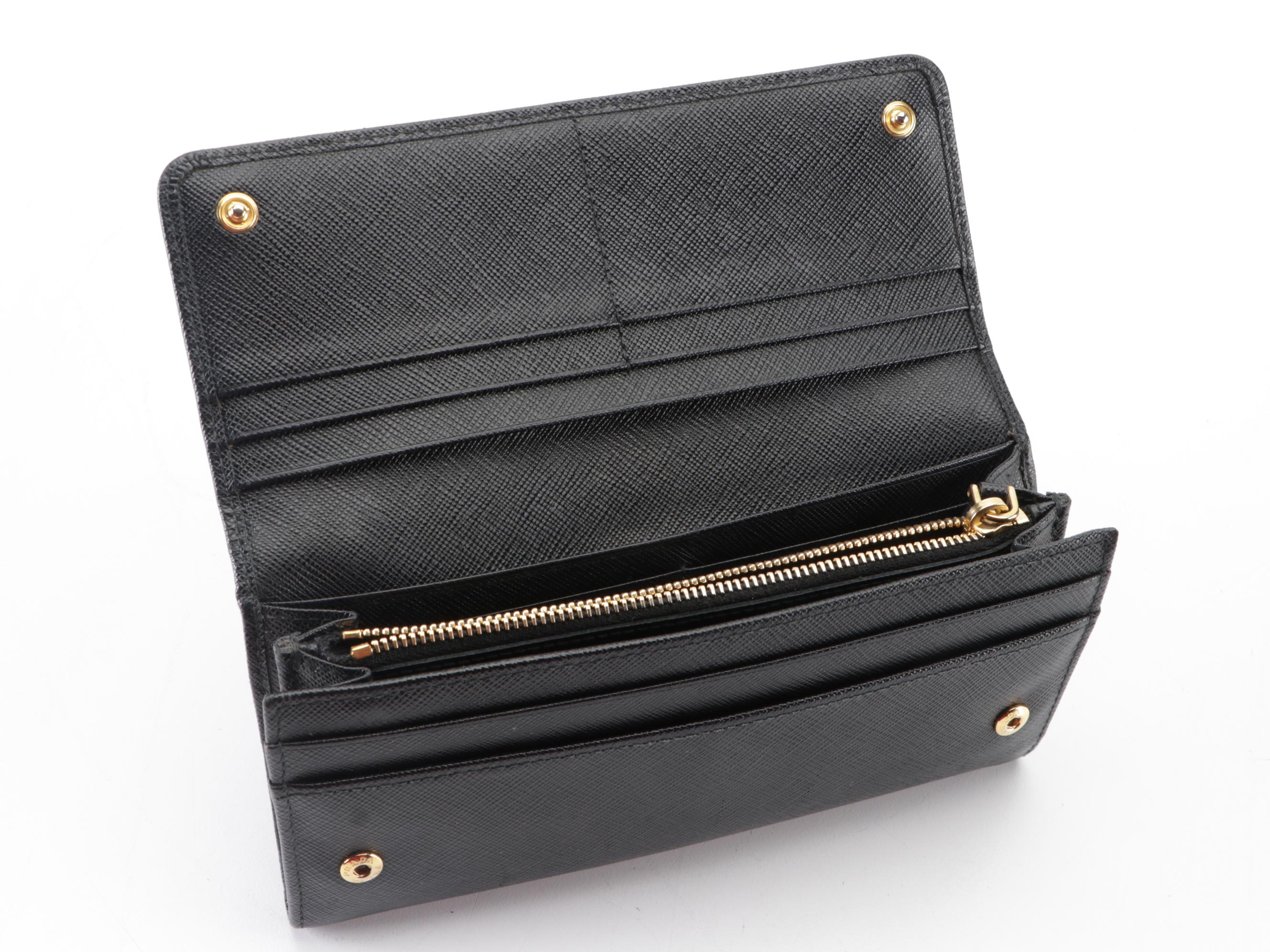 Prada Bow Continental Wallet in Black Saffiano Leather with Box