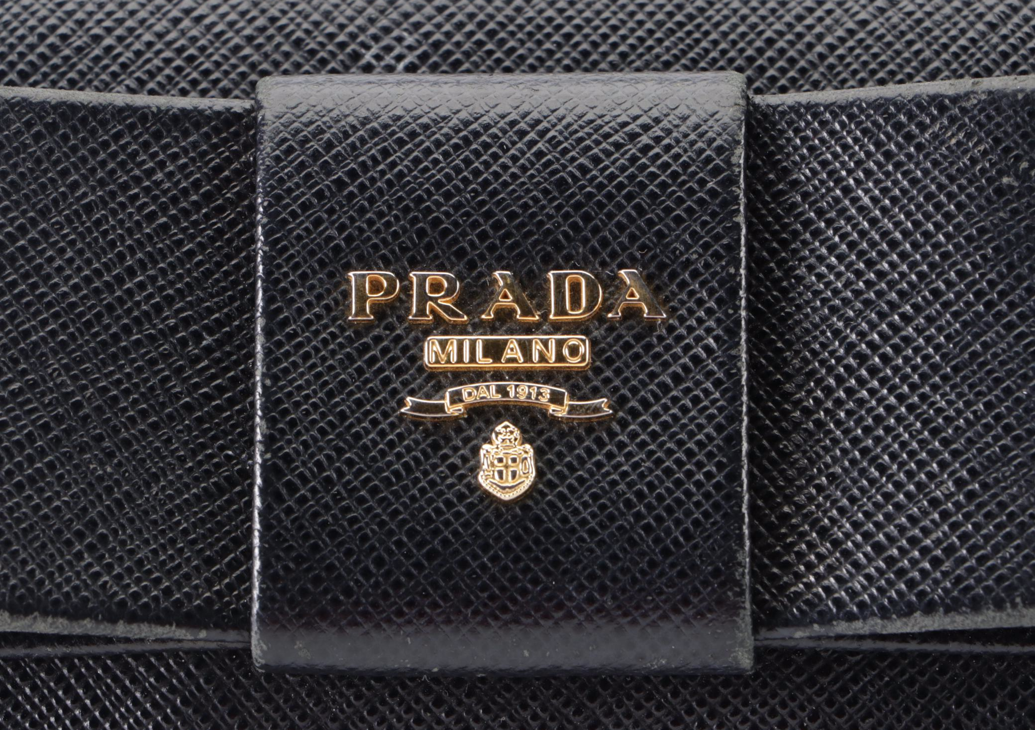 Prada Bow Continental Wallet in Black Saffiano Leather with Box