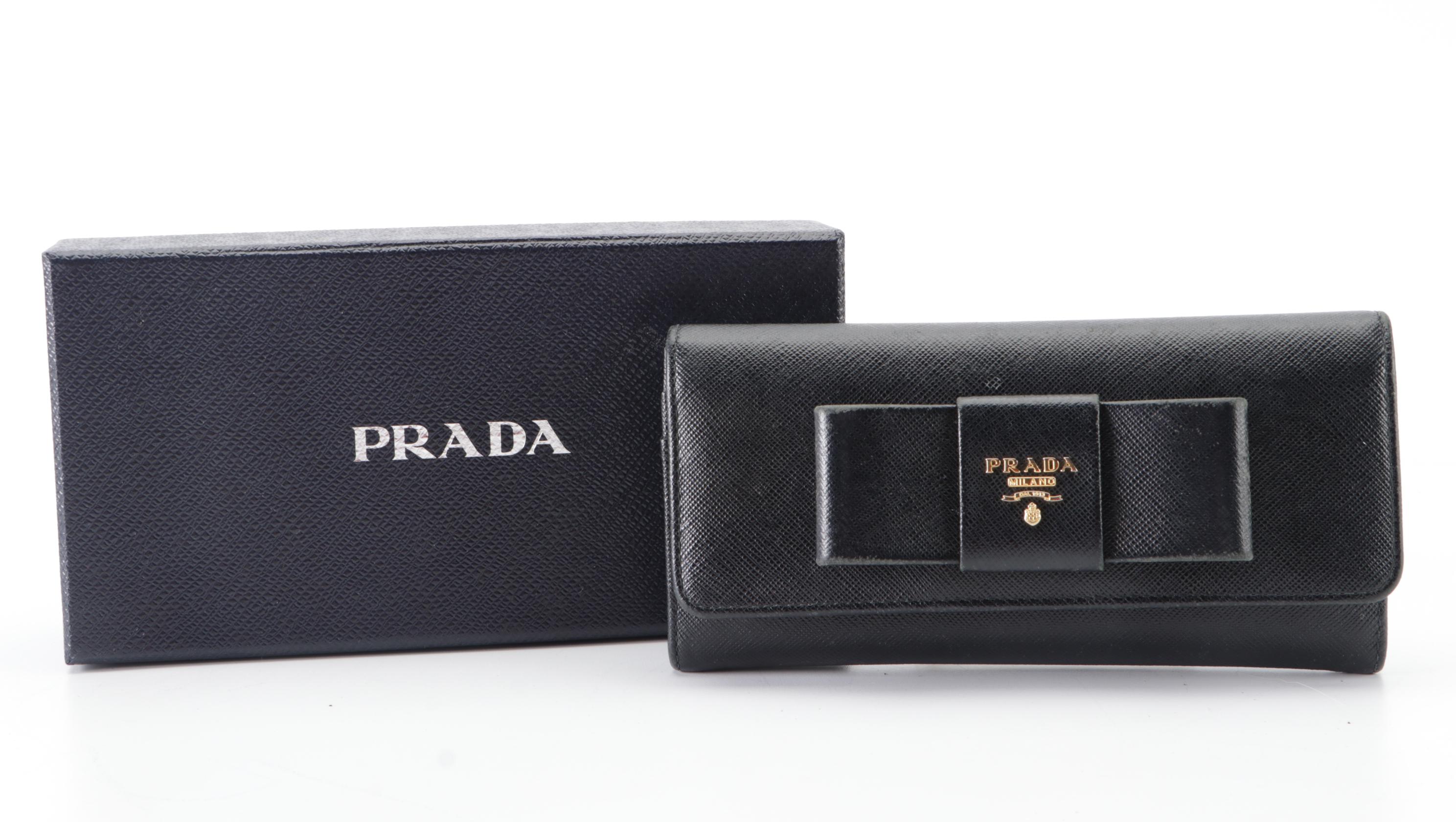 Prada Bow Continental Wallet in Black Saffiano Leather with Box