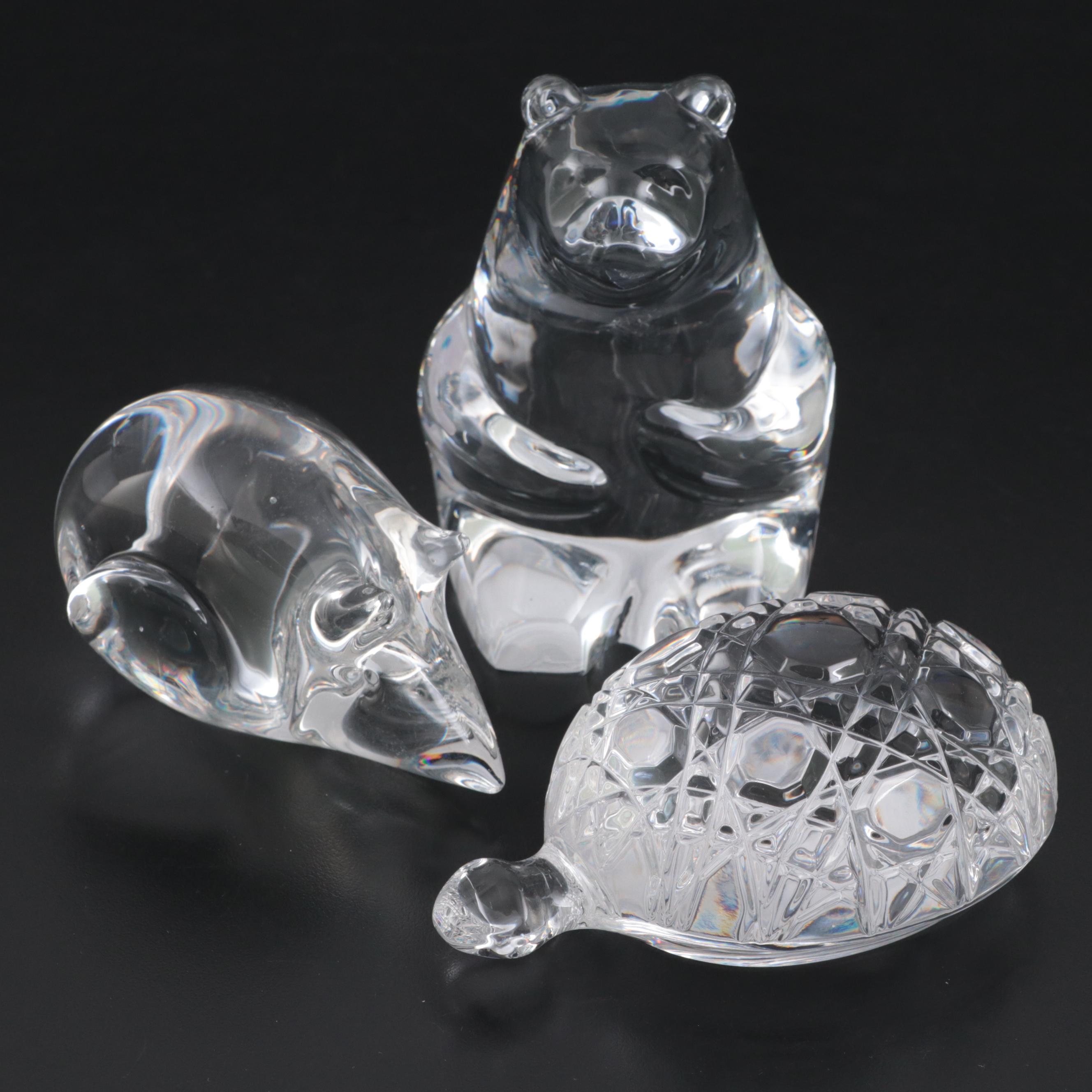 Waterford Crystal "Turtle" Paperweight, Orrefors Bear and Glass Mouse