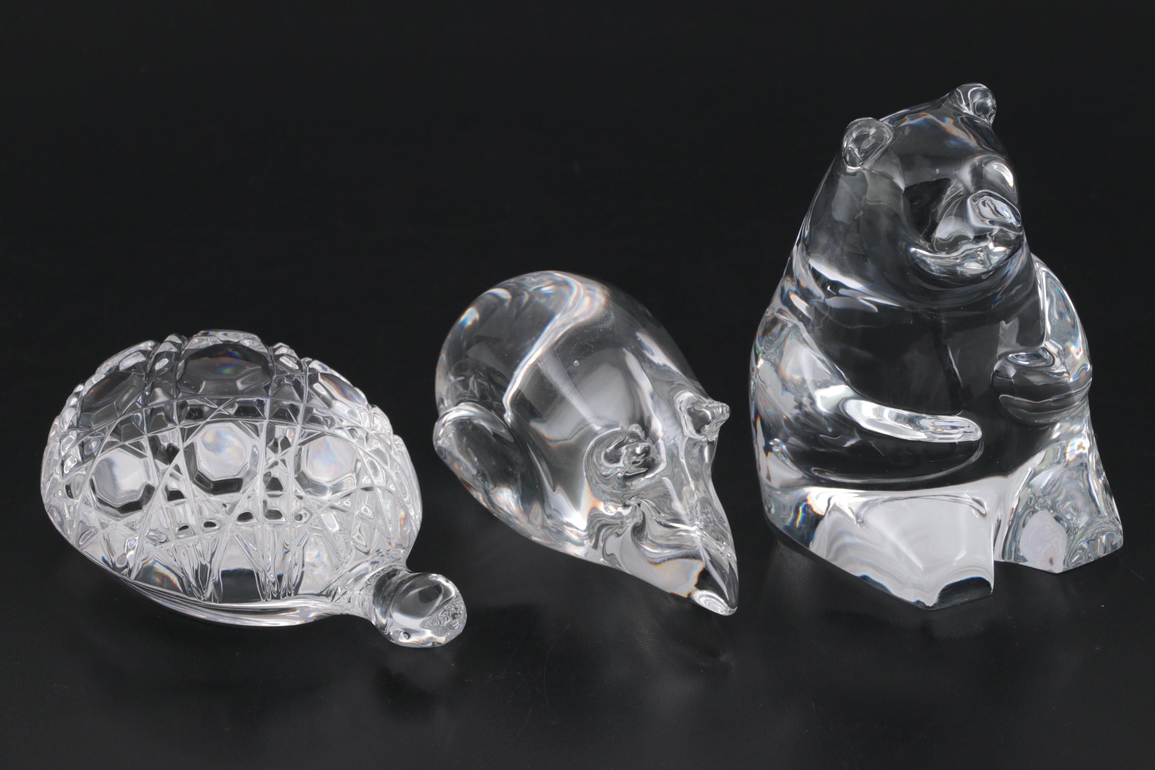 Waterford Crystal "Turtle" Paperweight, Orrefors Bear and Glass Mouse