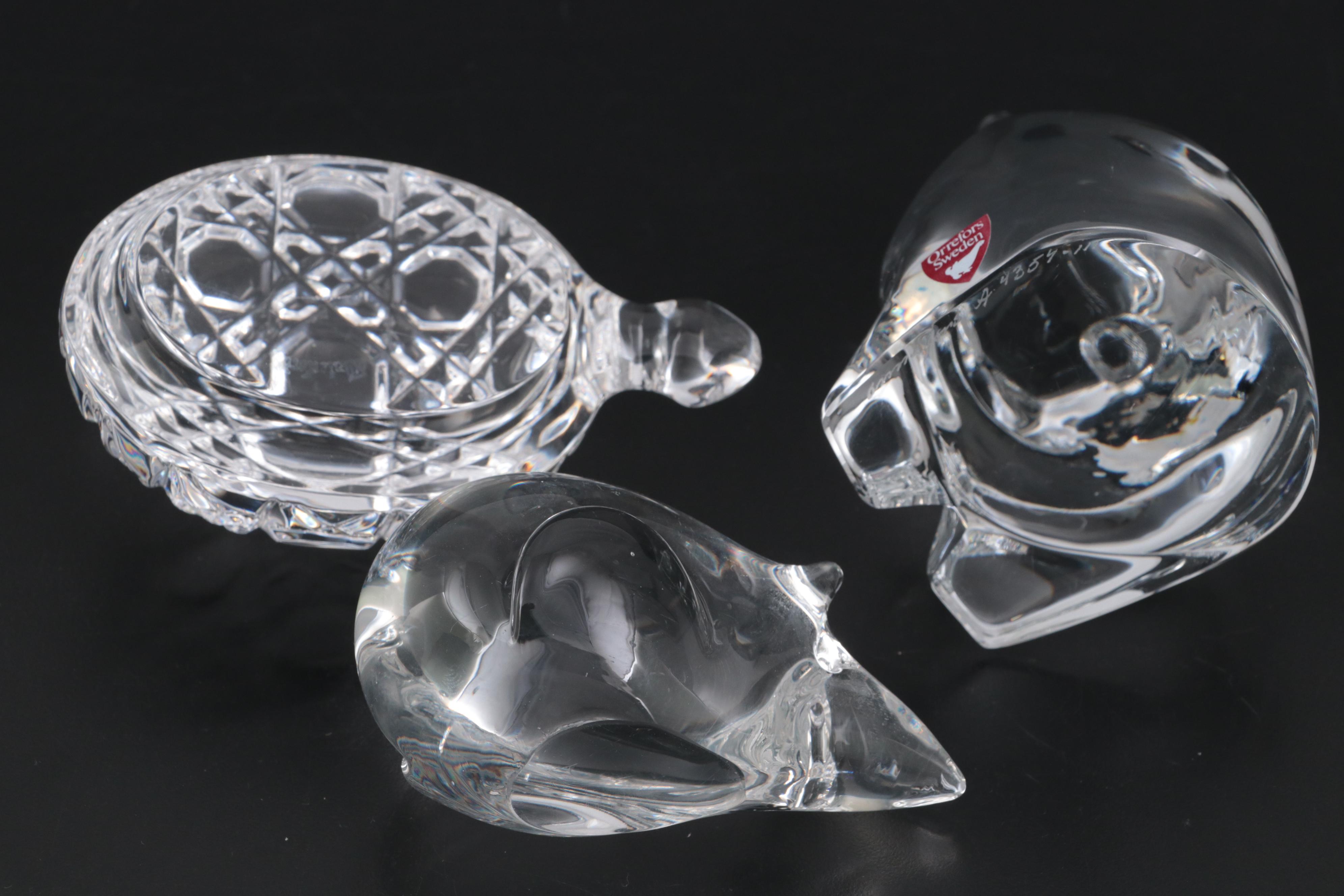 Waterford Crystal "Turtle" Paperweight, Orrefors Bear and Glass Mouse