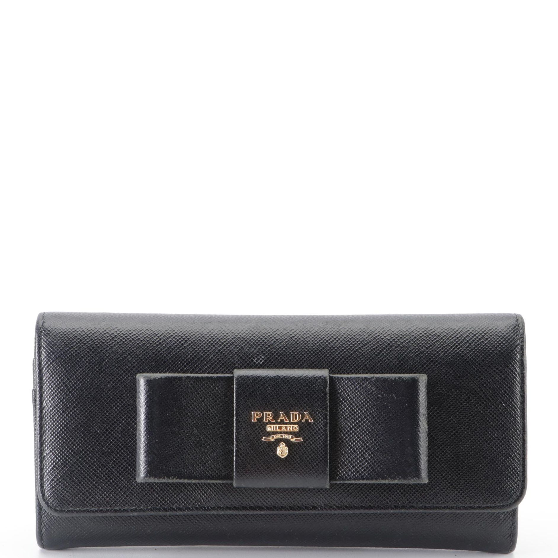 Prada Bow Continental Wallet in Black Saffiano Leather with Box