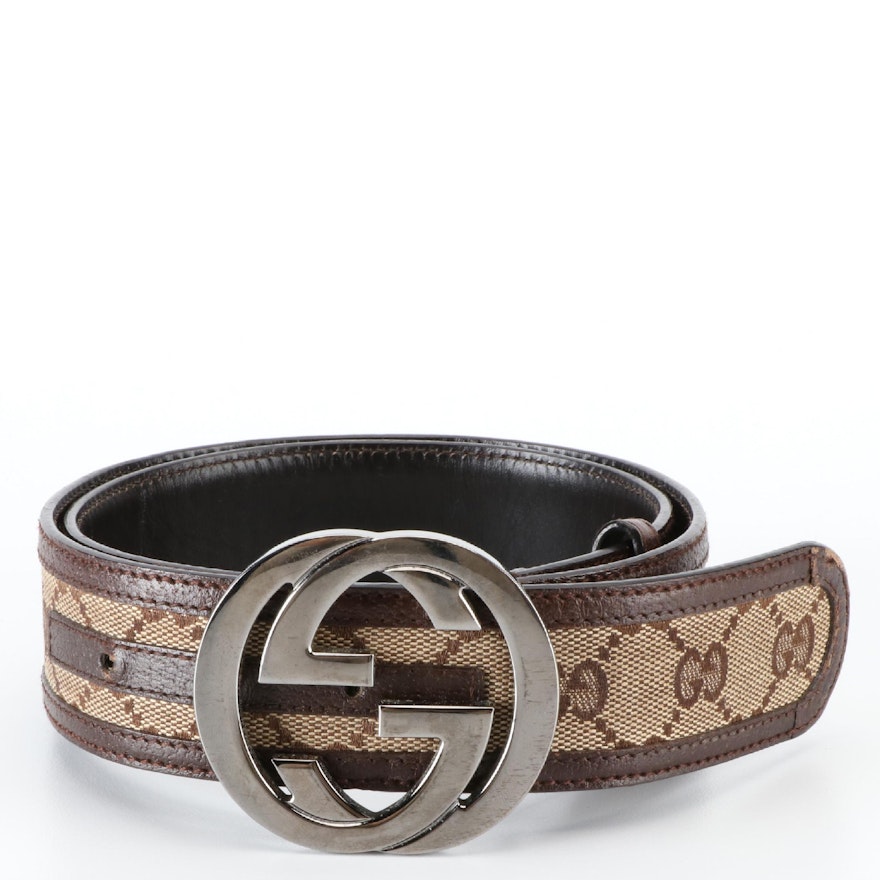 Gucci Interlocking GG Belt in Tan GG Canvas and Dark Brown Leather