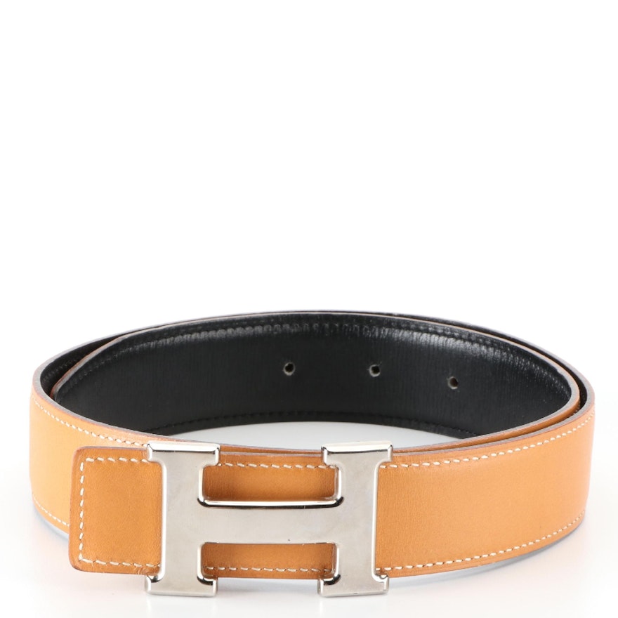 Hermès 30mm Reversible H Belt in Black Box Calf and Natural Sable Leather