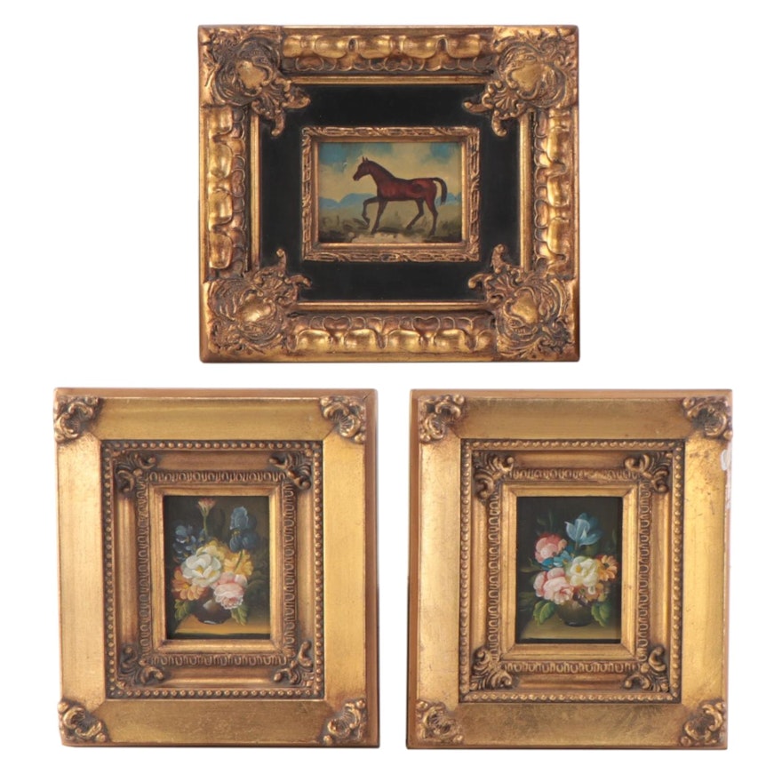 Miniature Oil Paintings of Floral Still Lives and Horse, Late 20th Century