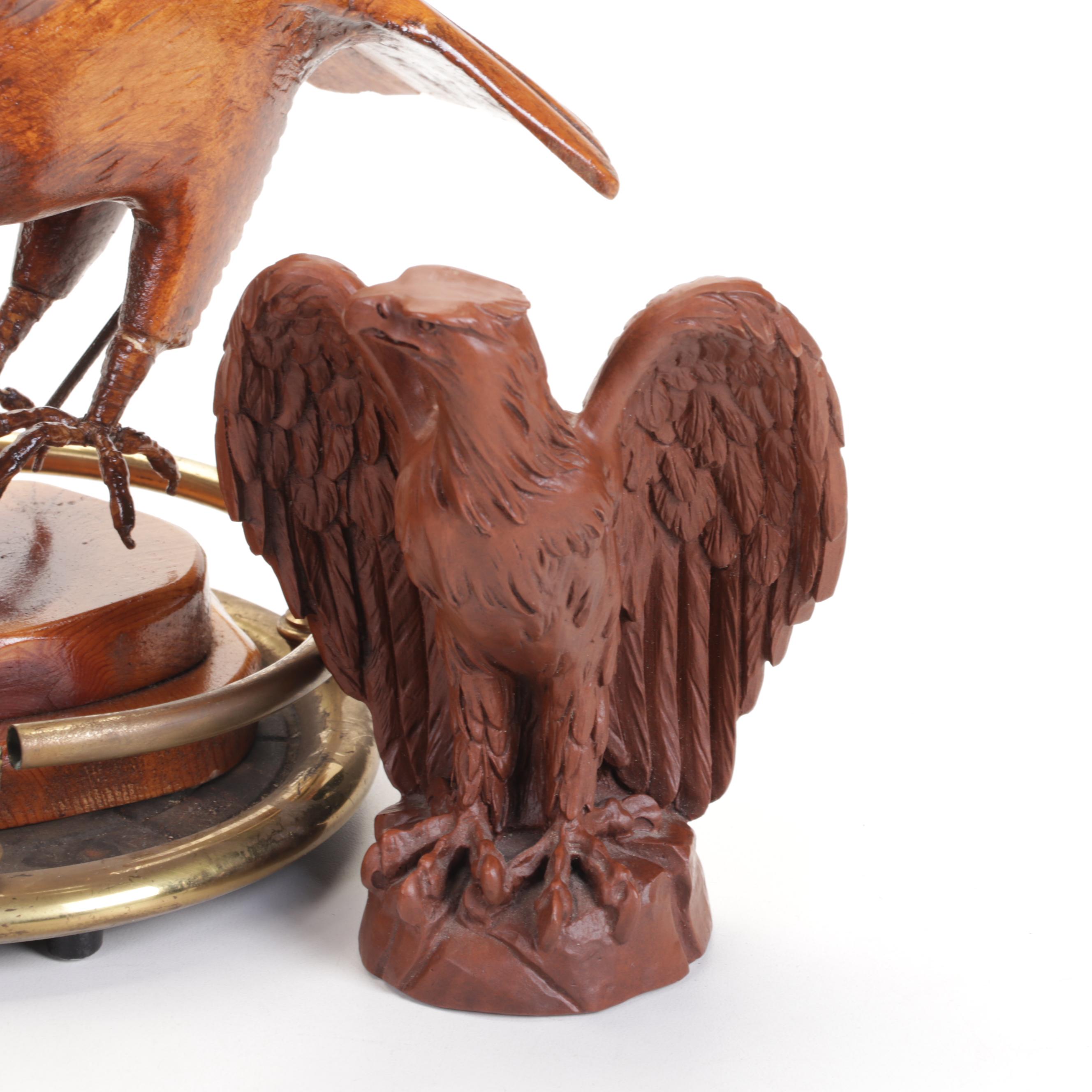 Wooden Cigar Humidor with One Resin and Two Carved Wood Eagle Sculptures