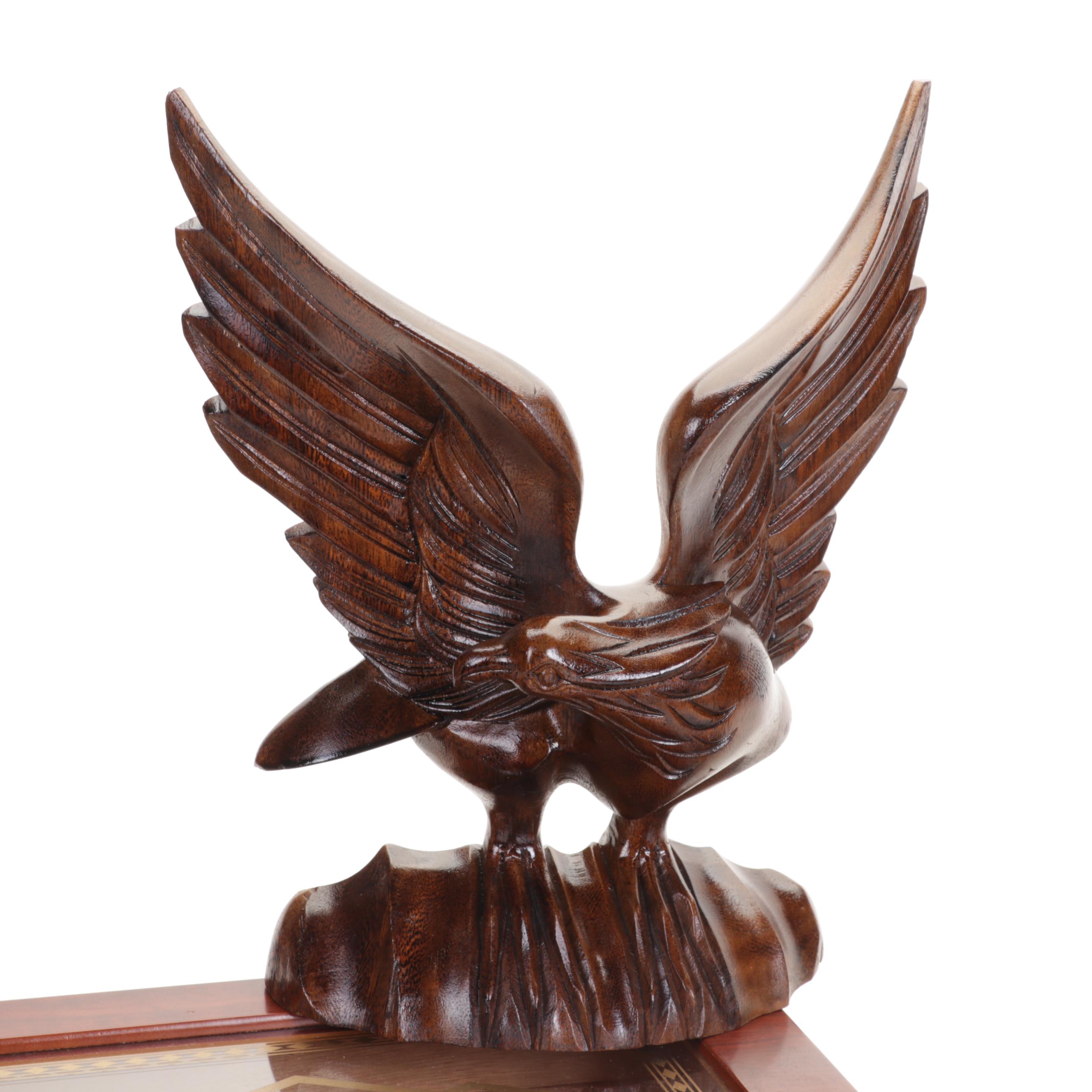 Wooden Cigar Humidor with One Resin and Two Carved Wood Eagle Sculptures