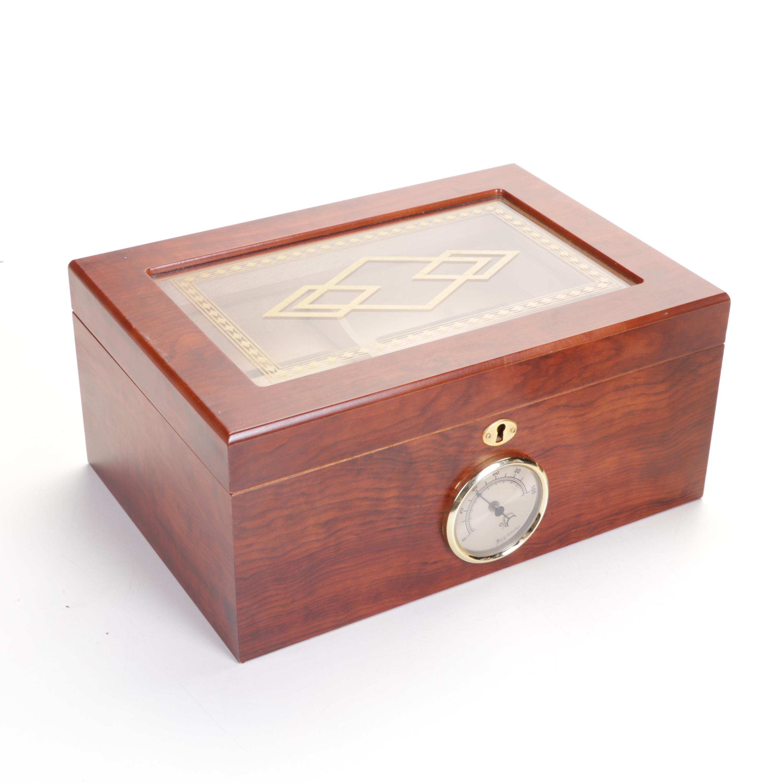 Wooden Cigar Humidor with One Resin and Two Carved Wood Eagle Sculptures