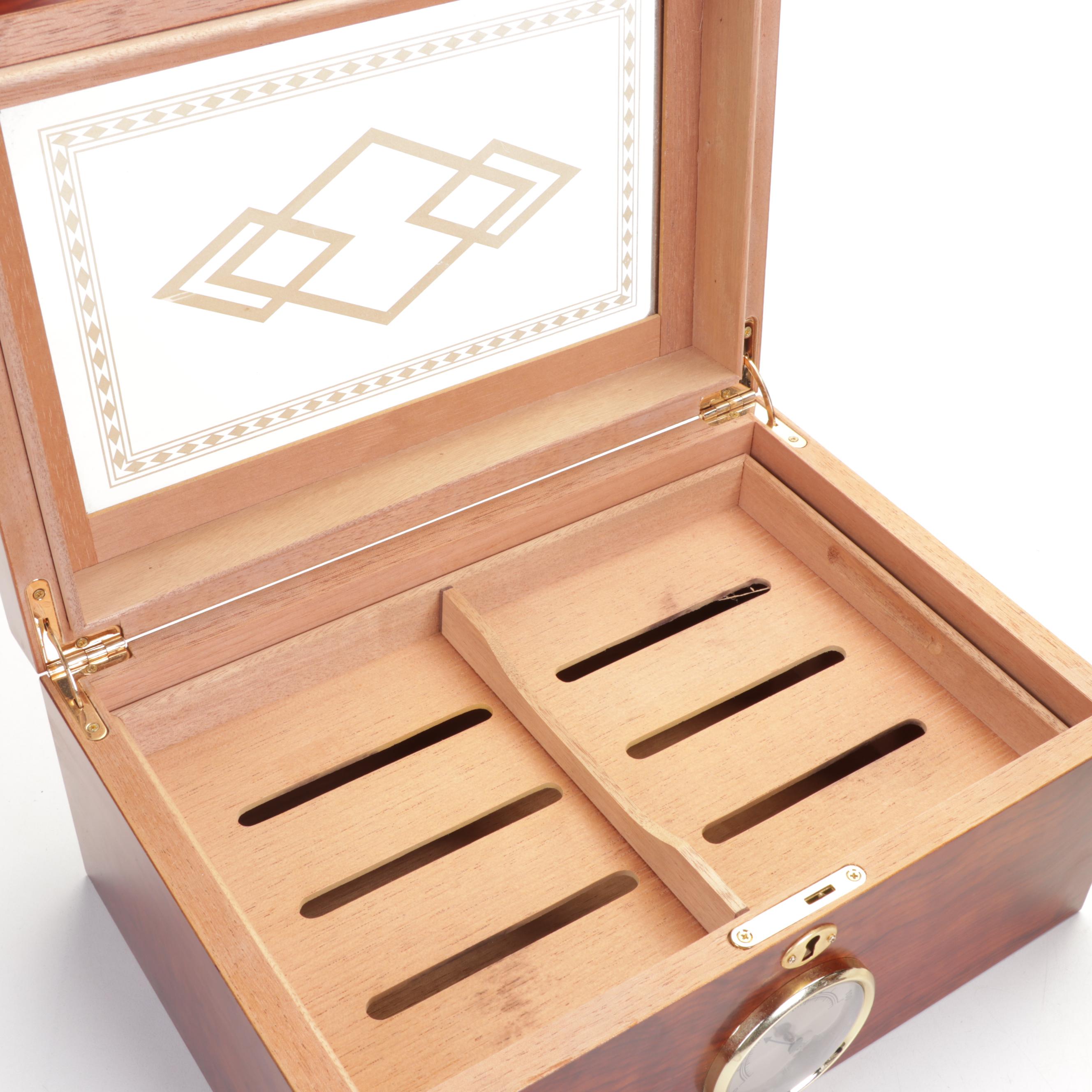 Wooden Cigar Humidor with One Resin and Two Carved Wood Eagle Sculptures