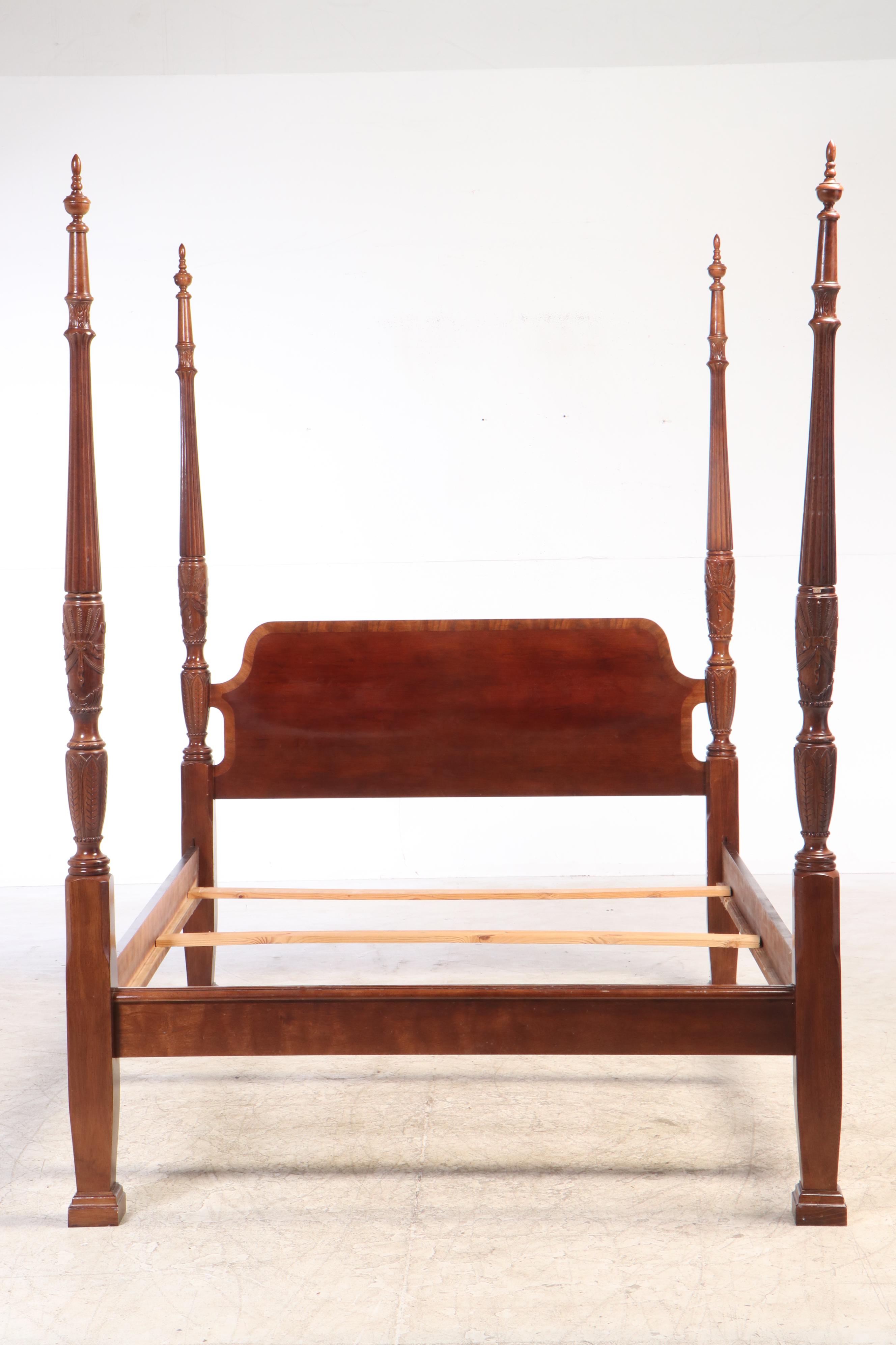Federal Style Cherrywood and Mahogany-Crossbanded Queen Size Four-Post Bed Frame