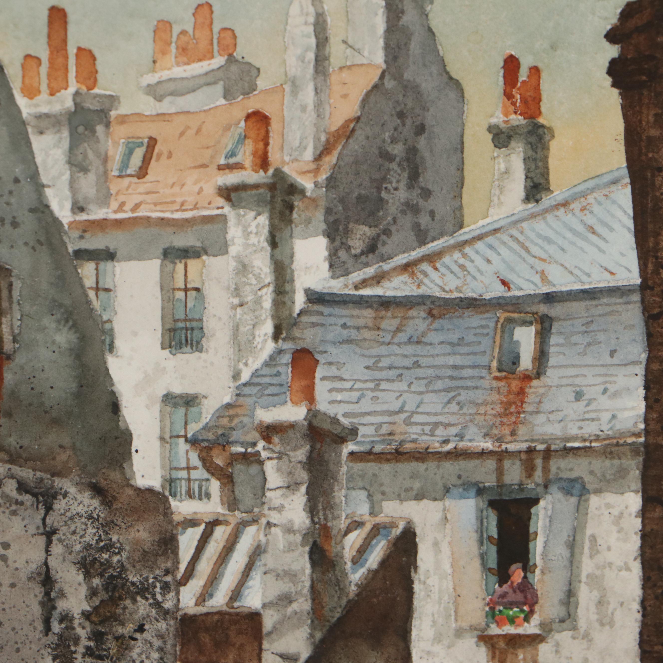 Henry Gasser Paris Cityscape Watercolor Painting "Backyard Playground"