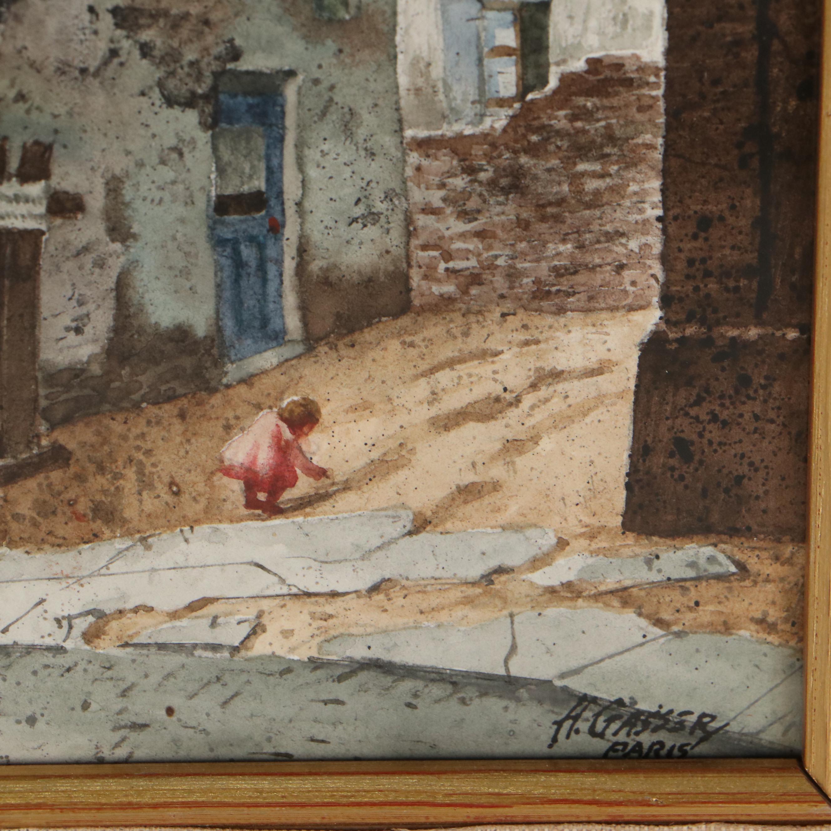Henry Gasser Paris Cityscape Watercolor Painting "Backyard Playground"