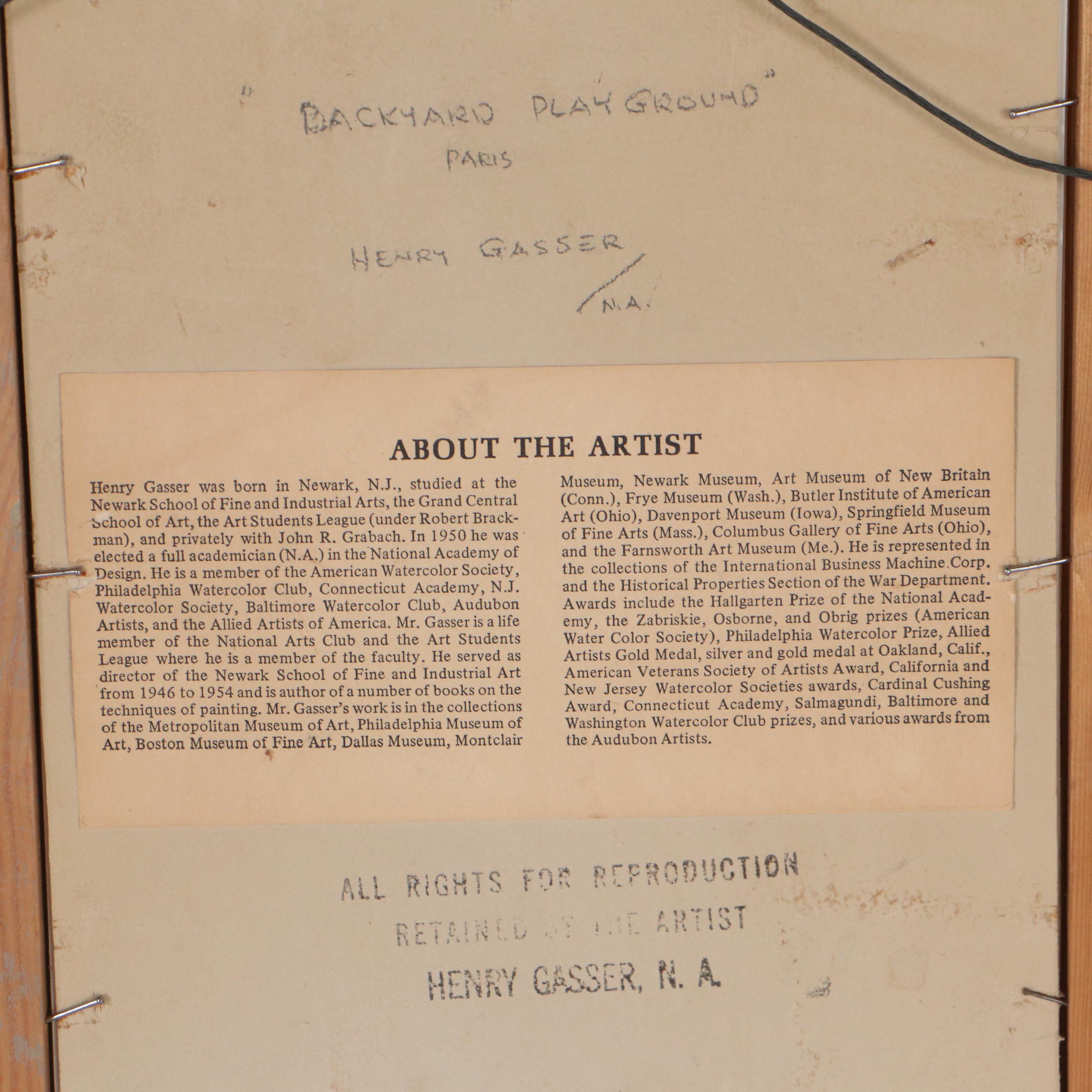 Henry Gasser Paris Cityscape Watercolor Painting "Backyard Playground"