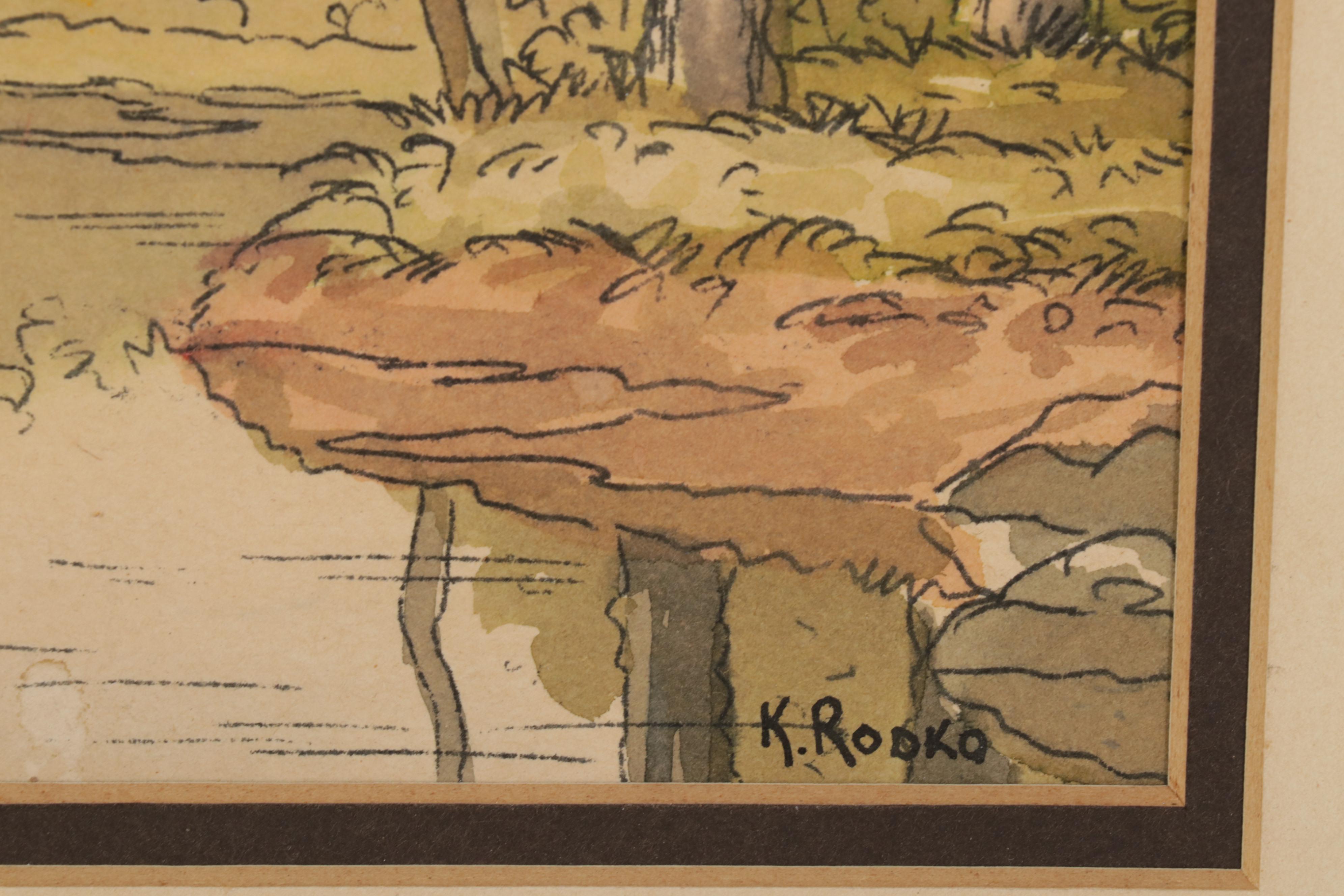 Konstantine Rodko Creekside Landscape Watercolor Painting, 20th Century