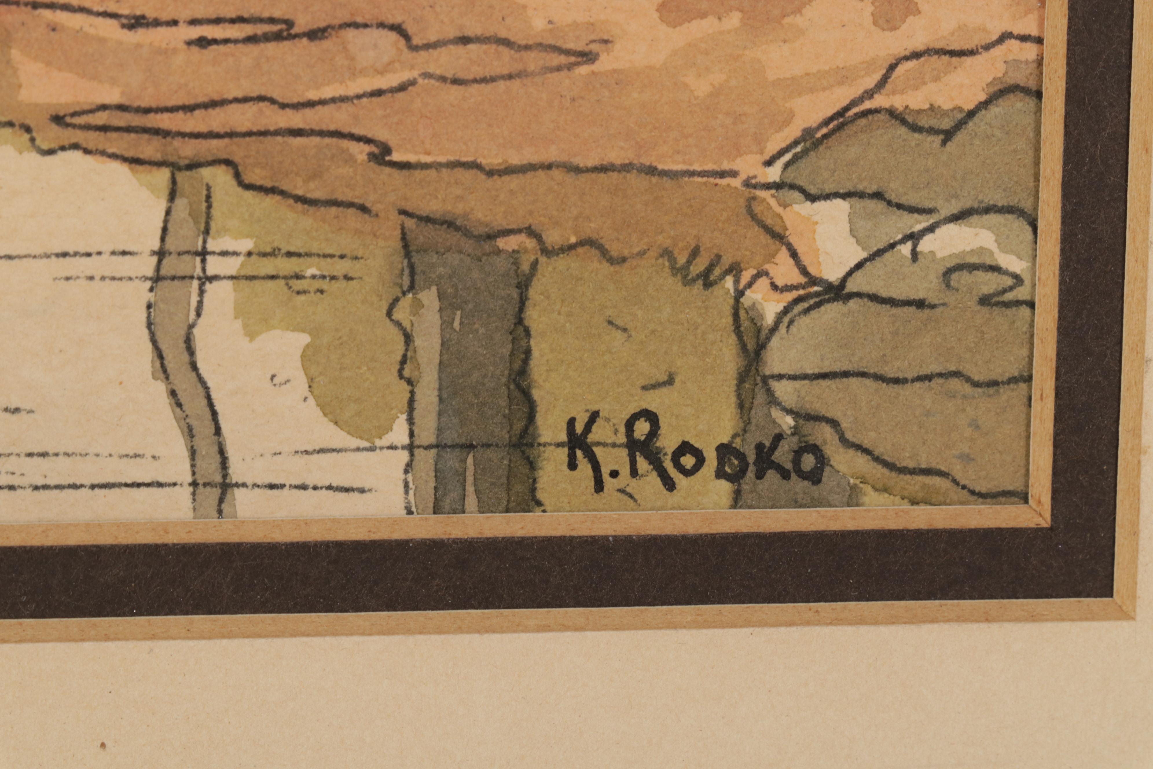 Konstantine Rodko Creekside Landscape Watercolor Painting, 20th Century