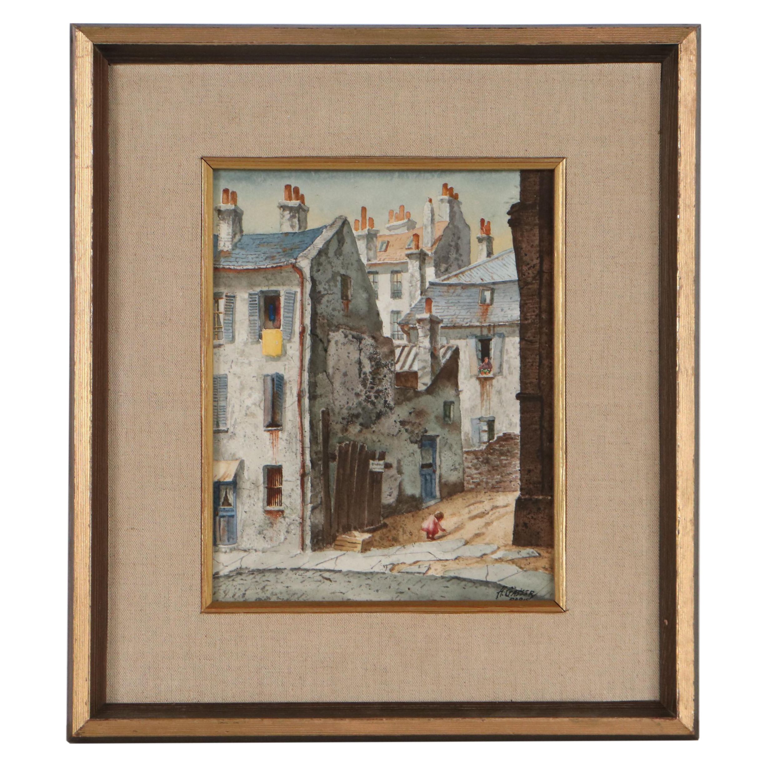 Henry Gasser Paris Cityscape Watercolor Painting "Backyard Playground"