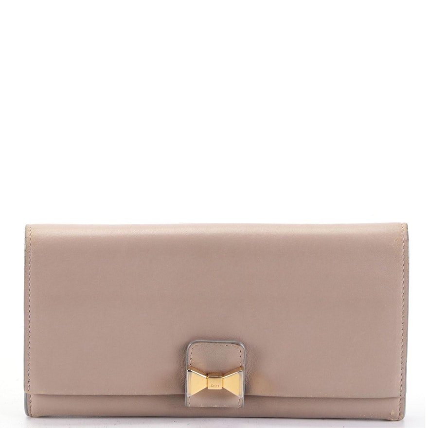 Chloé Long Wallet in Taupe Calfskin Leather with Bow Embellishment