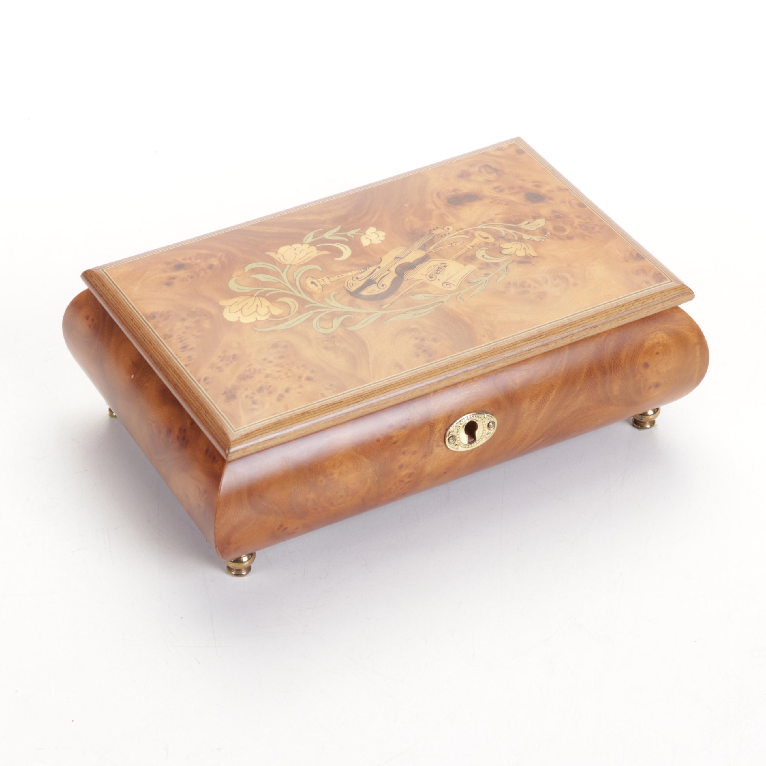 Jobin of Switzerland Marquetry Inlaid Burl Wood Music Box