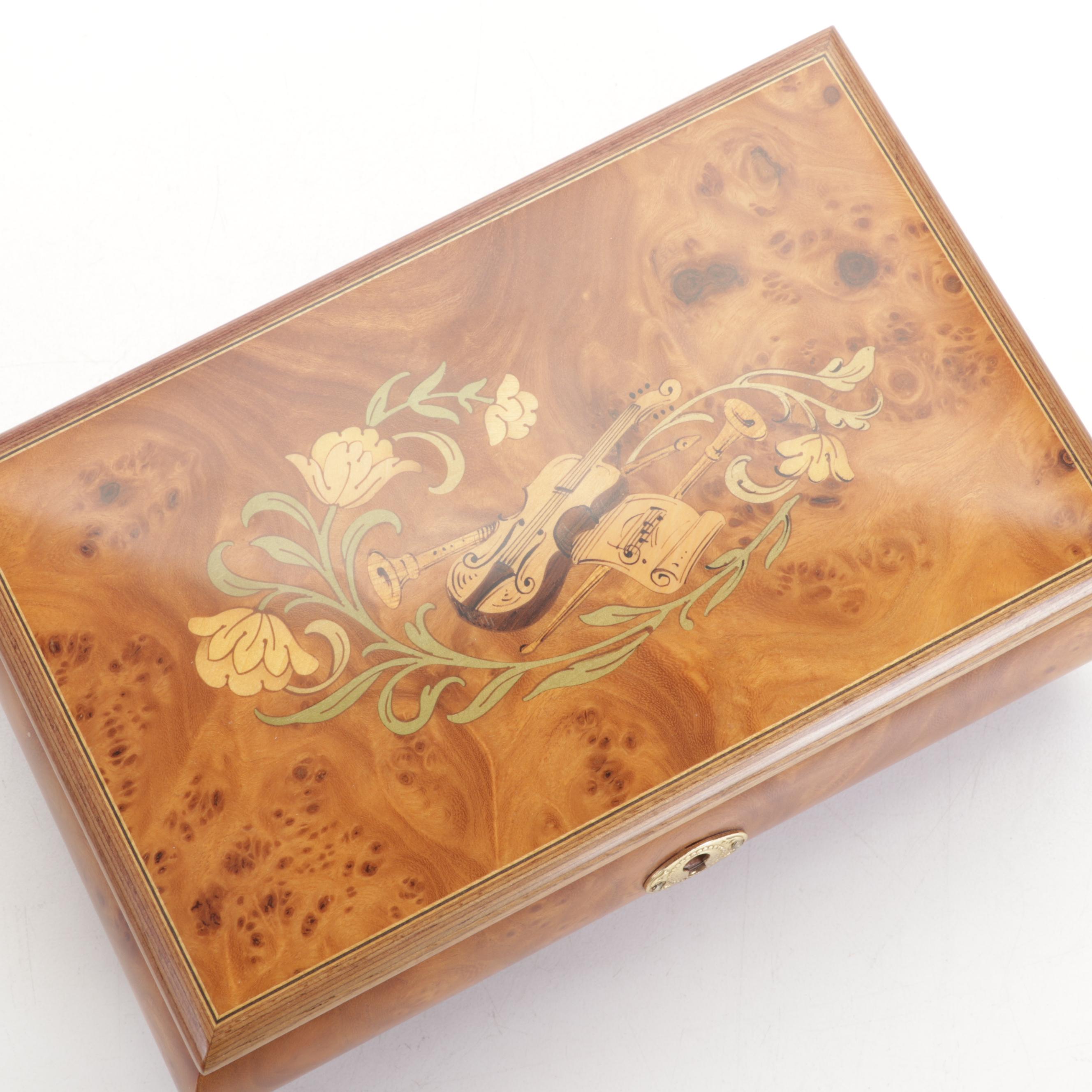 Jobin of Switzerland Marquetry Inlaid Burl Wood Music Box