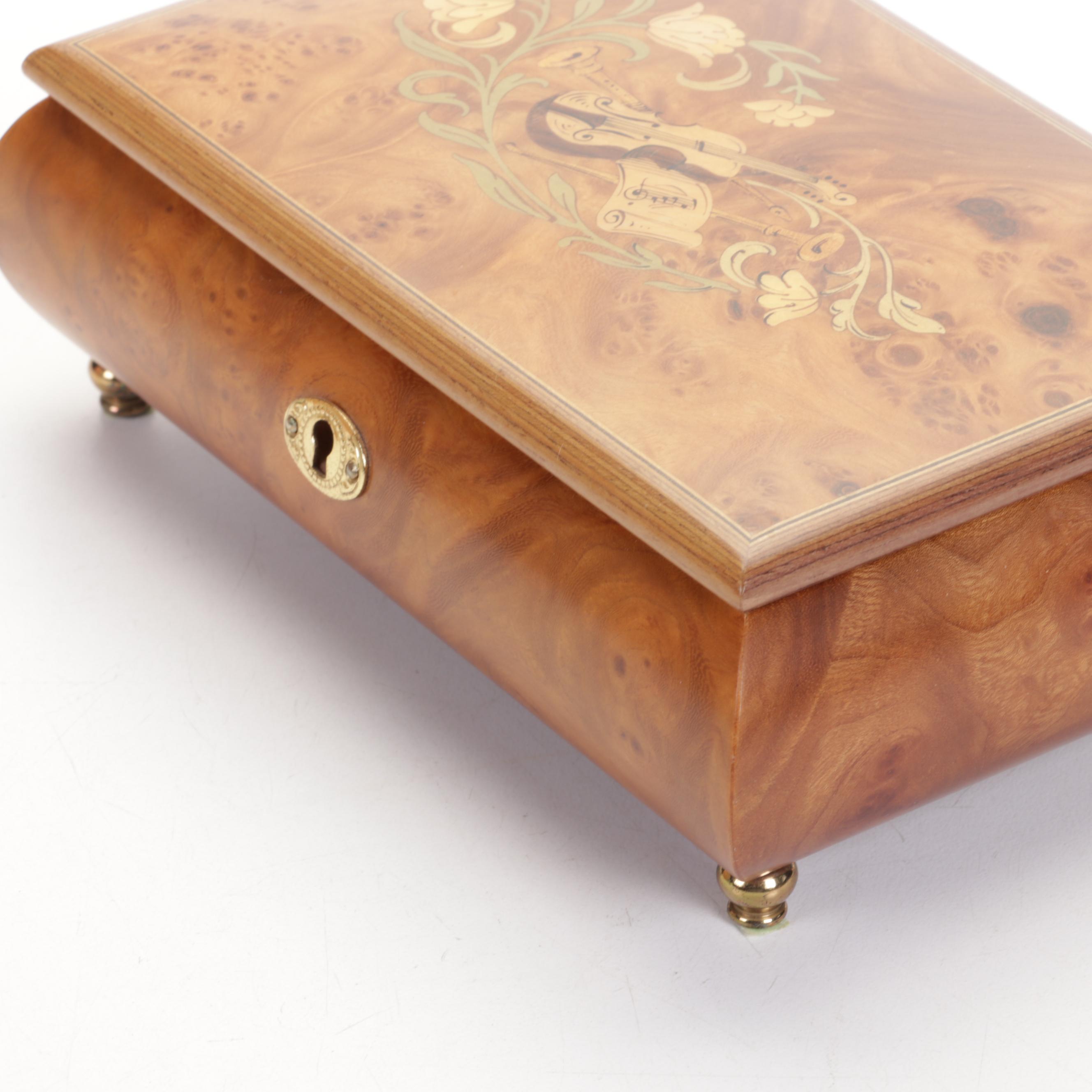 Jobin of Switzerland Marquetry Inlaid Burl Wood Music Box